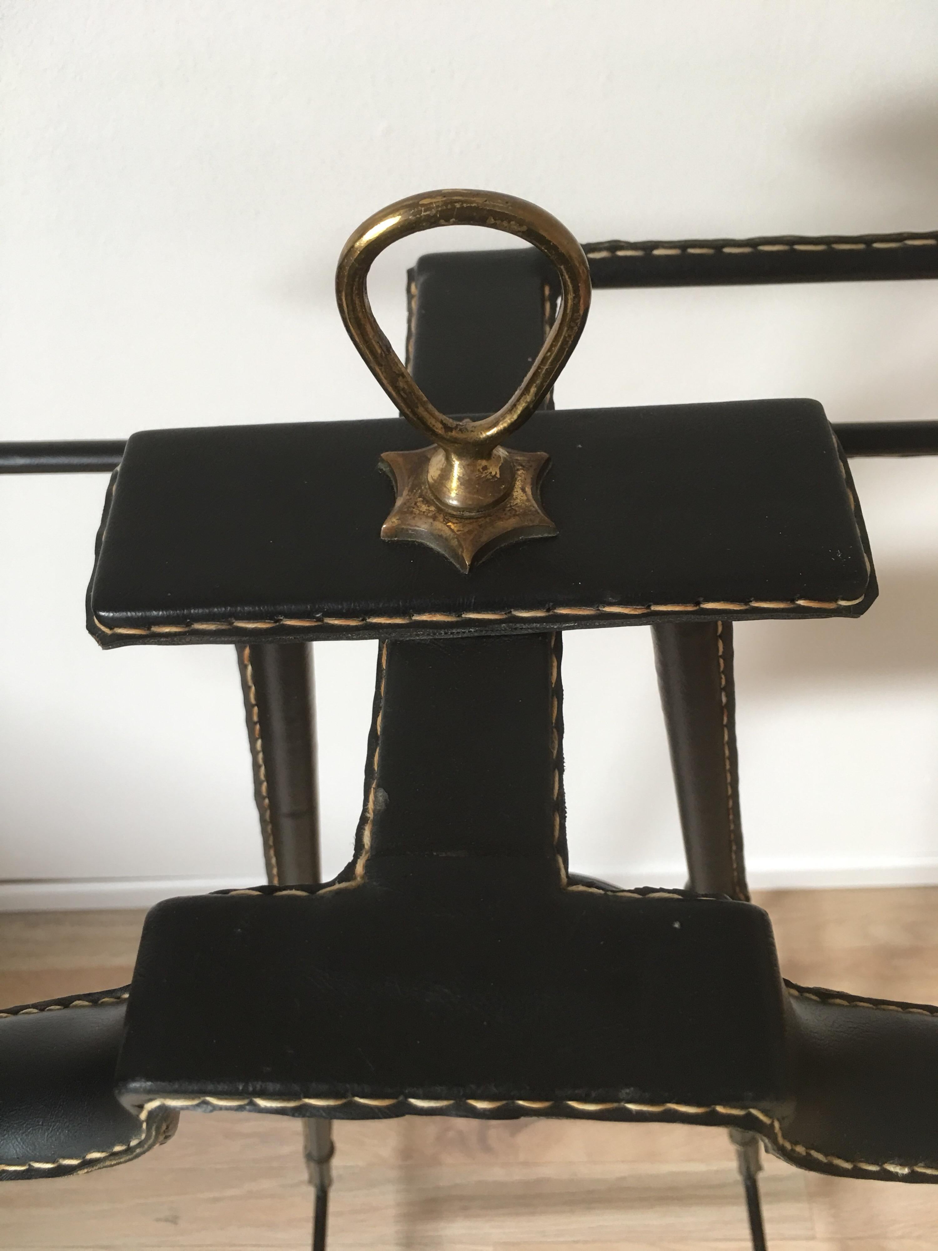 Jacques Adnet Black Stitched Leather and Brass Valet, Bamboo Form, France, 1950s In Good Condition For Sale In Aix En Provence, FR