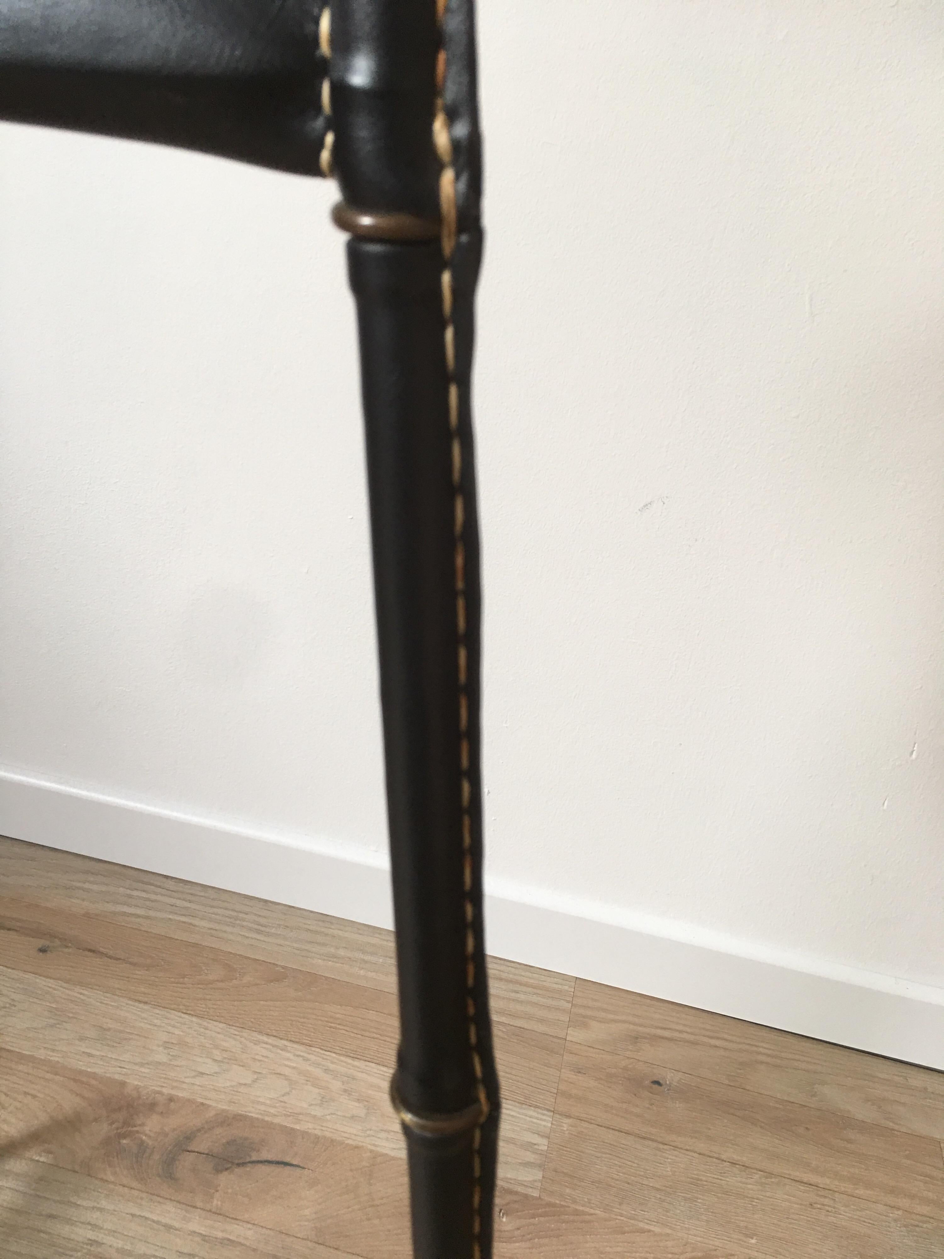 Jacques Adnet Black Stitched Leather and Brass Valet, Bamboo Form, France, 1950s For Sale 3