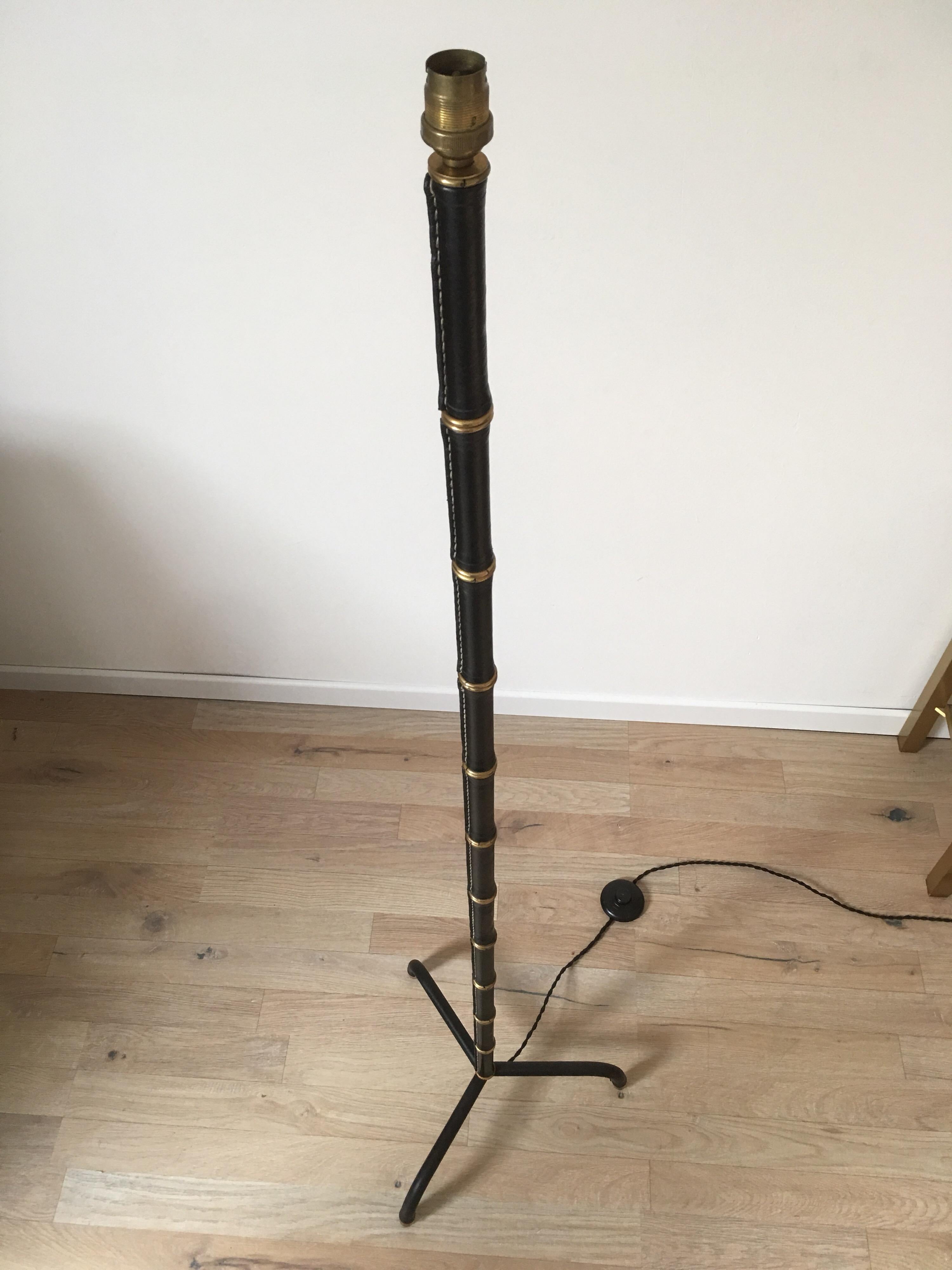 Mid-20th Century Jacques Adnet Black Stitched Leather Floor Lamp, Bamboo Form, French, 1950s For Sale