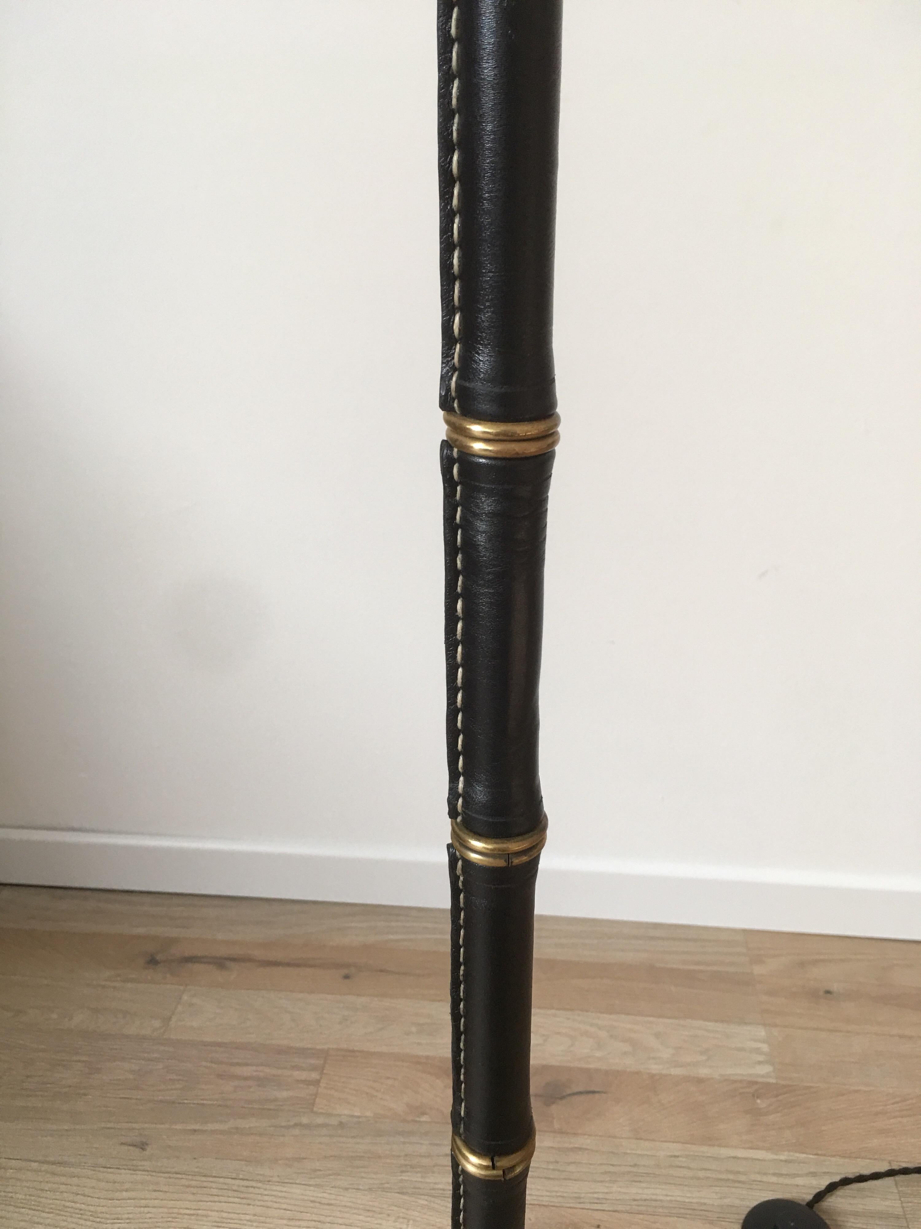 Jacques Adnet Black Stitched Leather Floor Lamp, Bamboo Form, French, 1950s For Sale 2