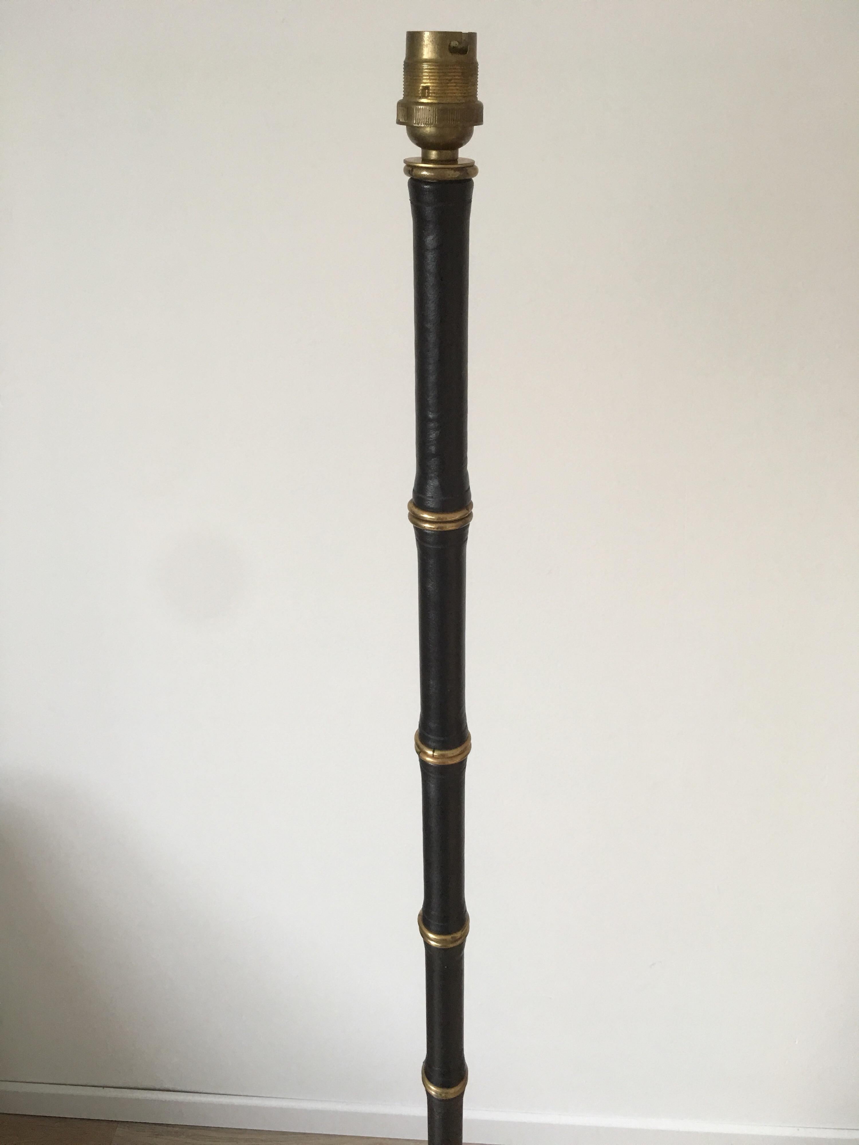 Jacques Adnet Black Stitched Leather Floor Lamp, Bamboo Form, French, 1950s For Sale 1