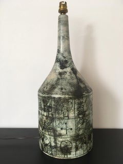 Jacques Blin Signed Large Green and Black Ceramic Lamp, Incised Decor, 1960s