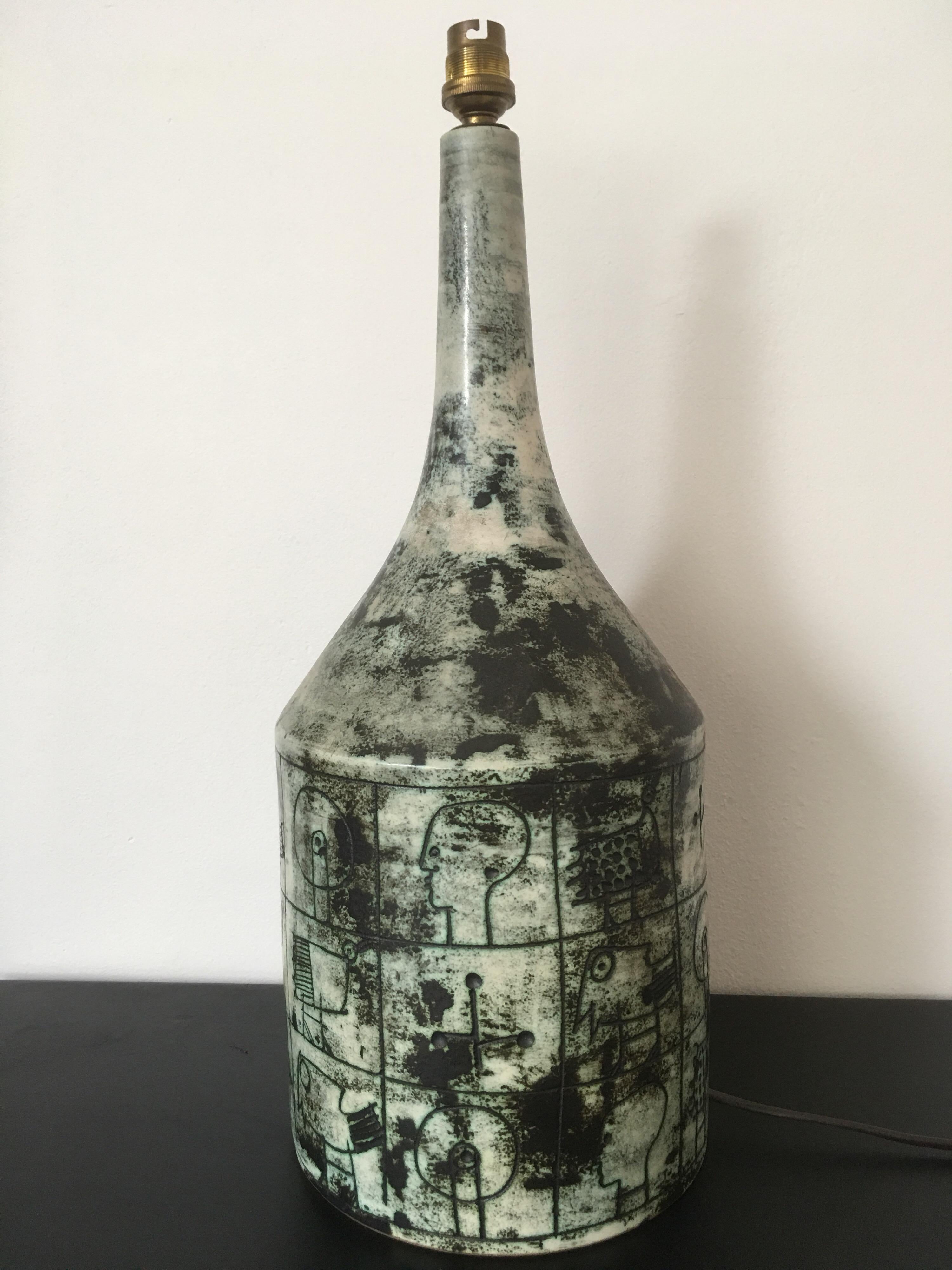 Jacques Blin Signed Large Green and Black Ceramic Lamp, Incised Decor, 1960s In Good Condition For Sale In Aix En Provence, FR
