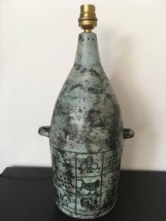 Jacques Blin Green and Black Table Lamp, 2 Handles, Incised Décor, French 1960s