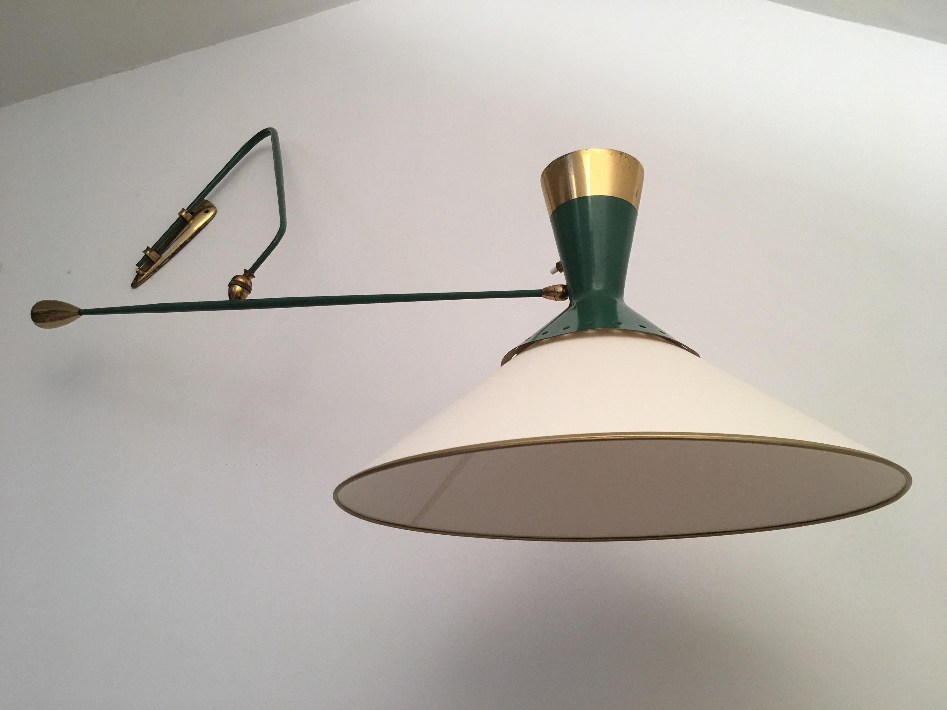 Arlus Green and Gilt Counter Balance Swing Arm Wall Lamp, French 1950s For Sale 2