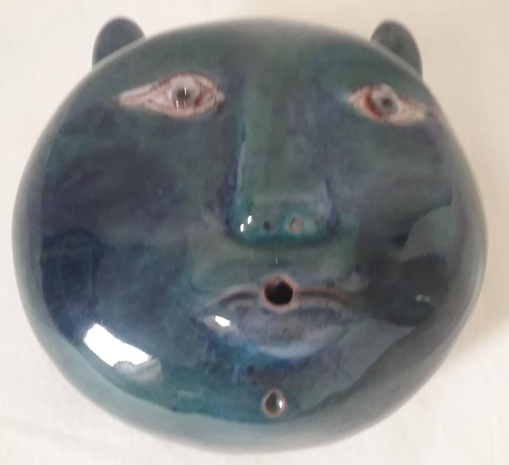 Enameled Robert et Jean Cloutier Blue Ceramic Sculpture Cat's Head, Signed, circa 1960 For Sale