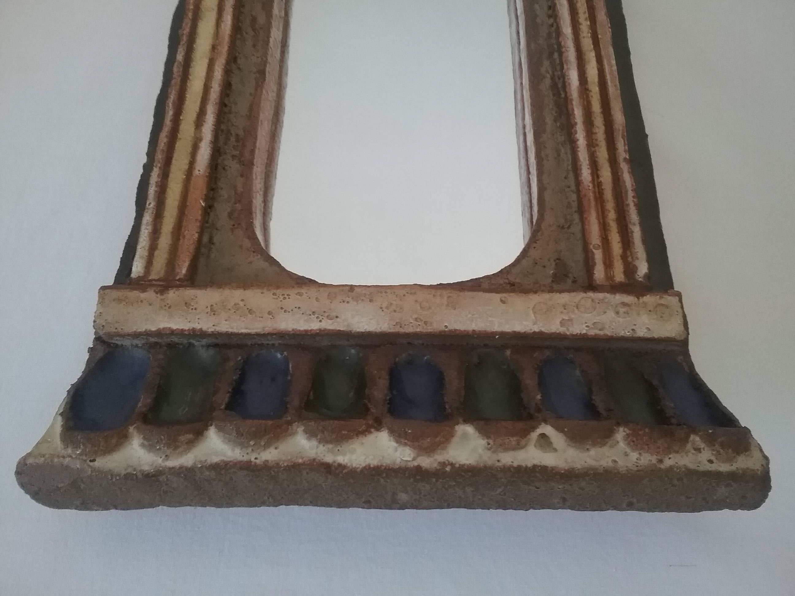 Ceramic 1950s Rectangular Mirror in Enameled Red-Clay Signed Les Argonautes Vallauris