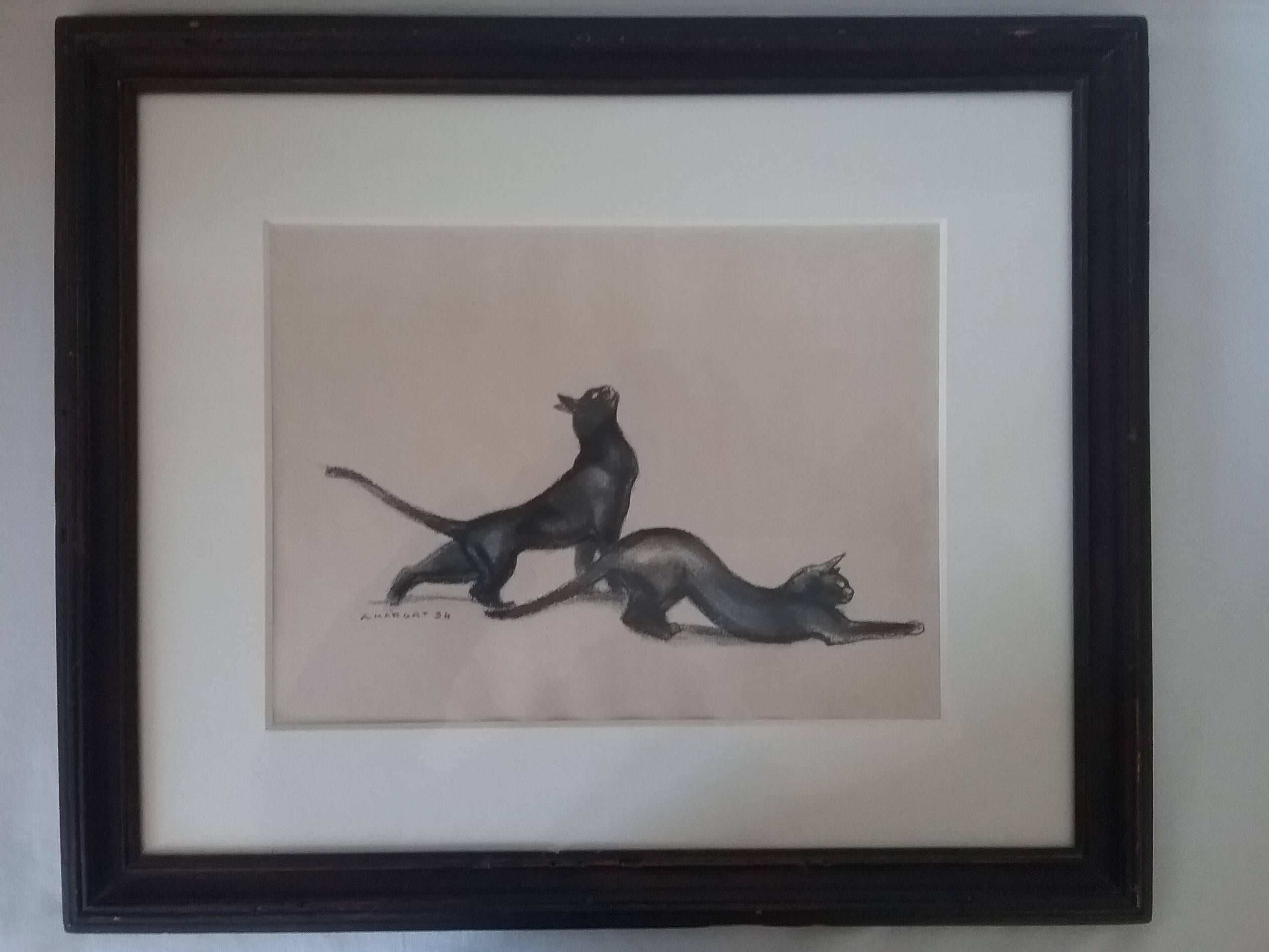 Rare drawing of a couple of cats by André Margat. Signed and dated in the bottom to the left
Black pencil and charcoal on yellowish brown paper
Detached dimensions : H 8.66 in, W 11.42 in
with wooden frame: H 15.35 in, W 8.11 in

Antic wooden