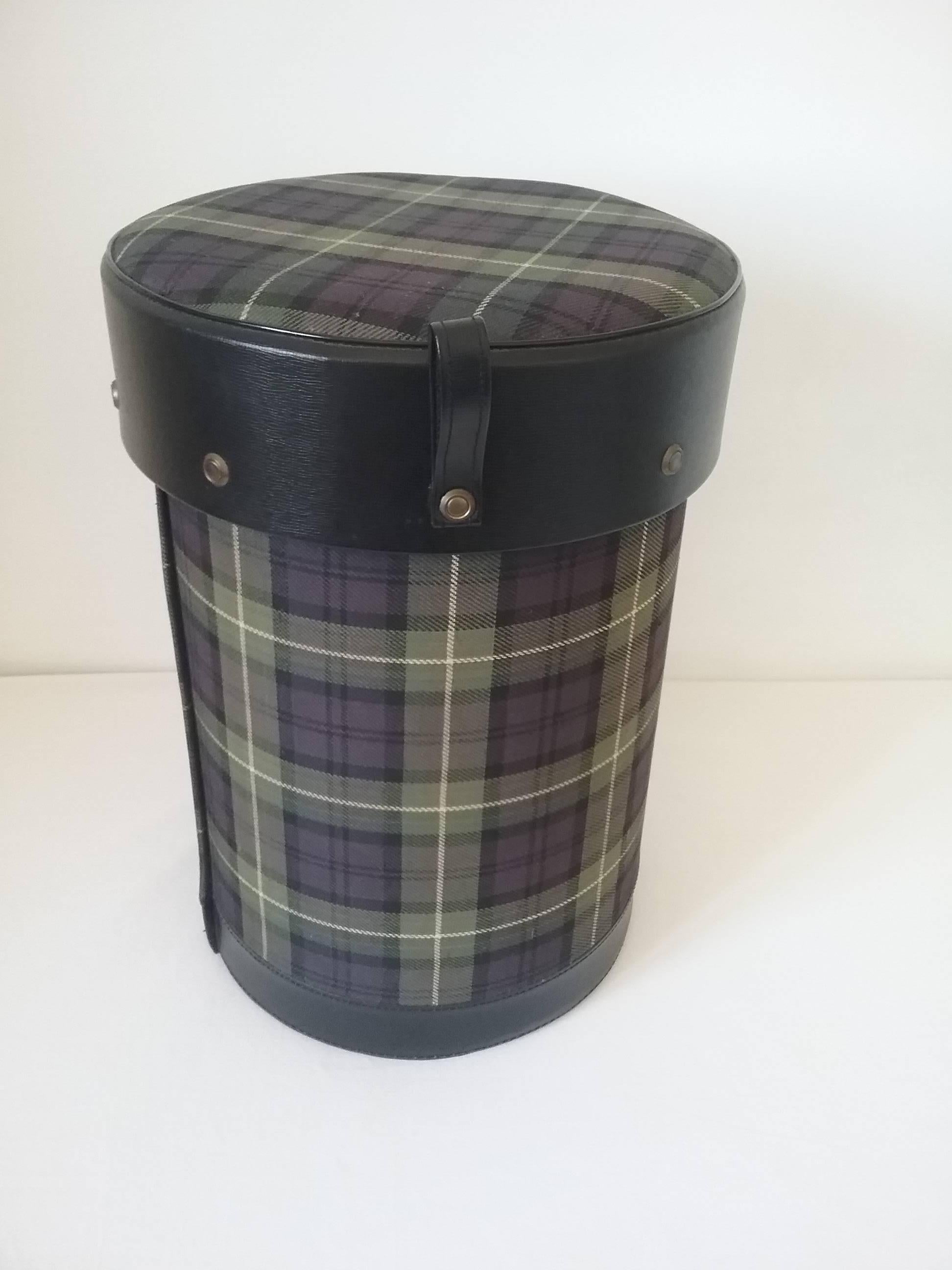 Useful and elegant waste paper basket covered in black leather and green scottish fabric. Decoration of gilded screw around the top.