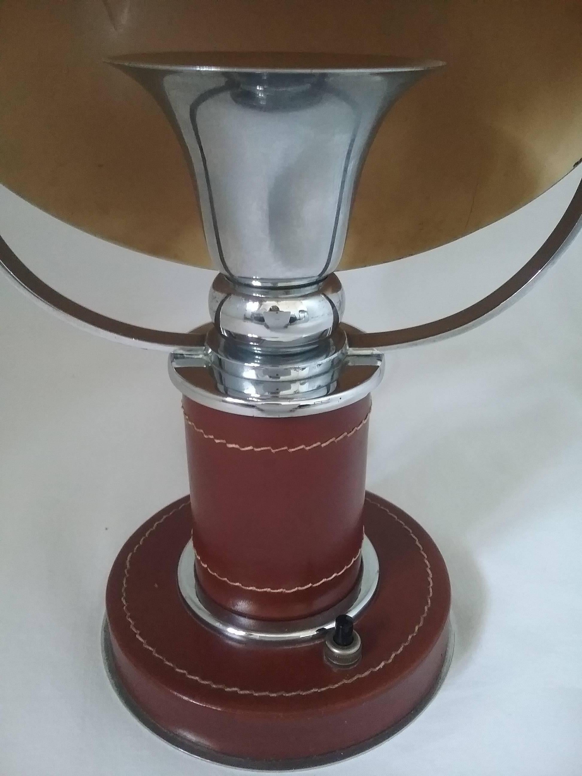 French 1930s Leather and Chrome Table Lamp in the Style of Paul Dupré-Lafon