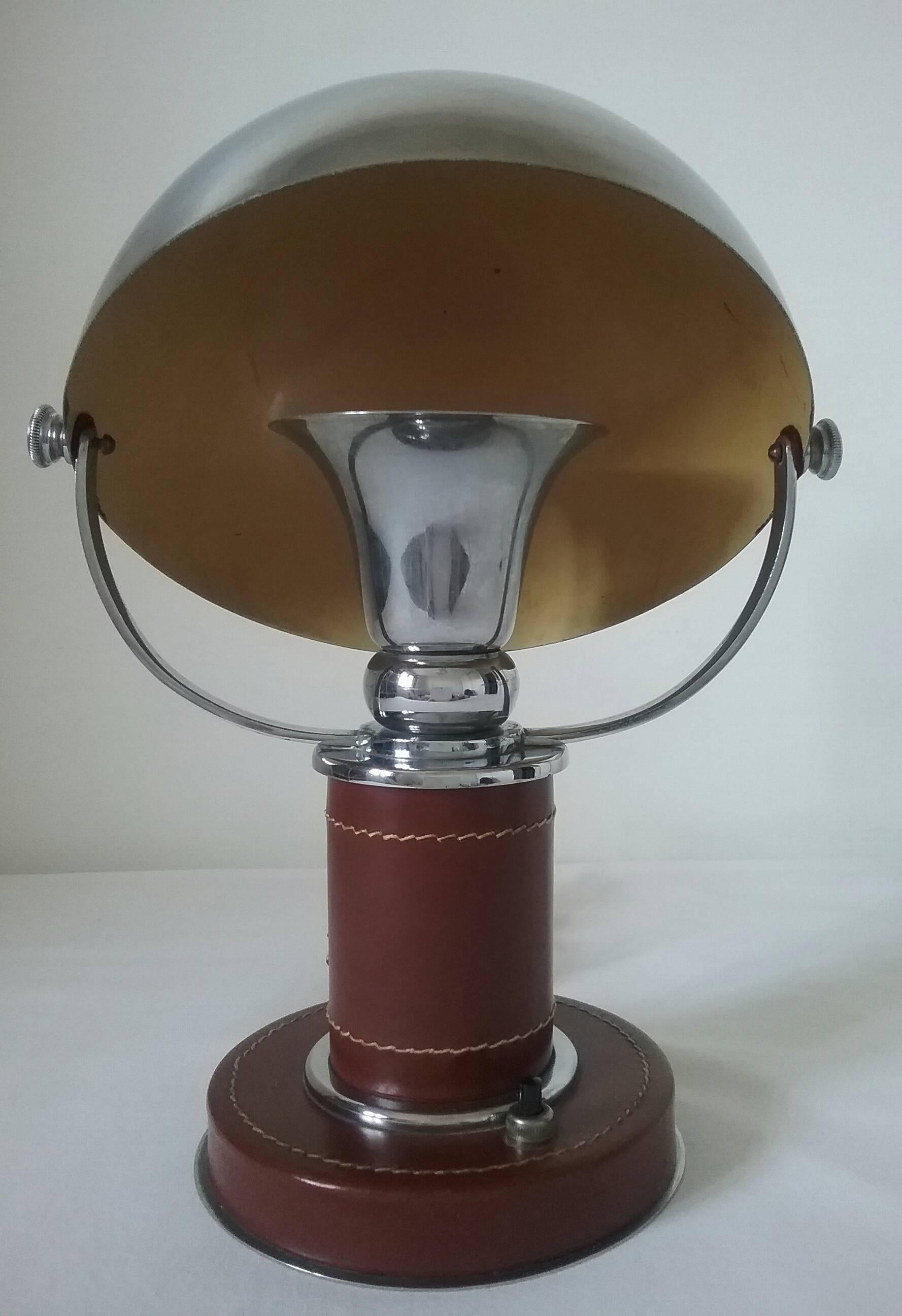 Art Deco 1930s Leather and Chrome Table Lamp in the Style of Paul Dupré-Lafon