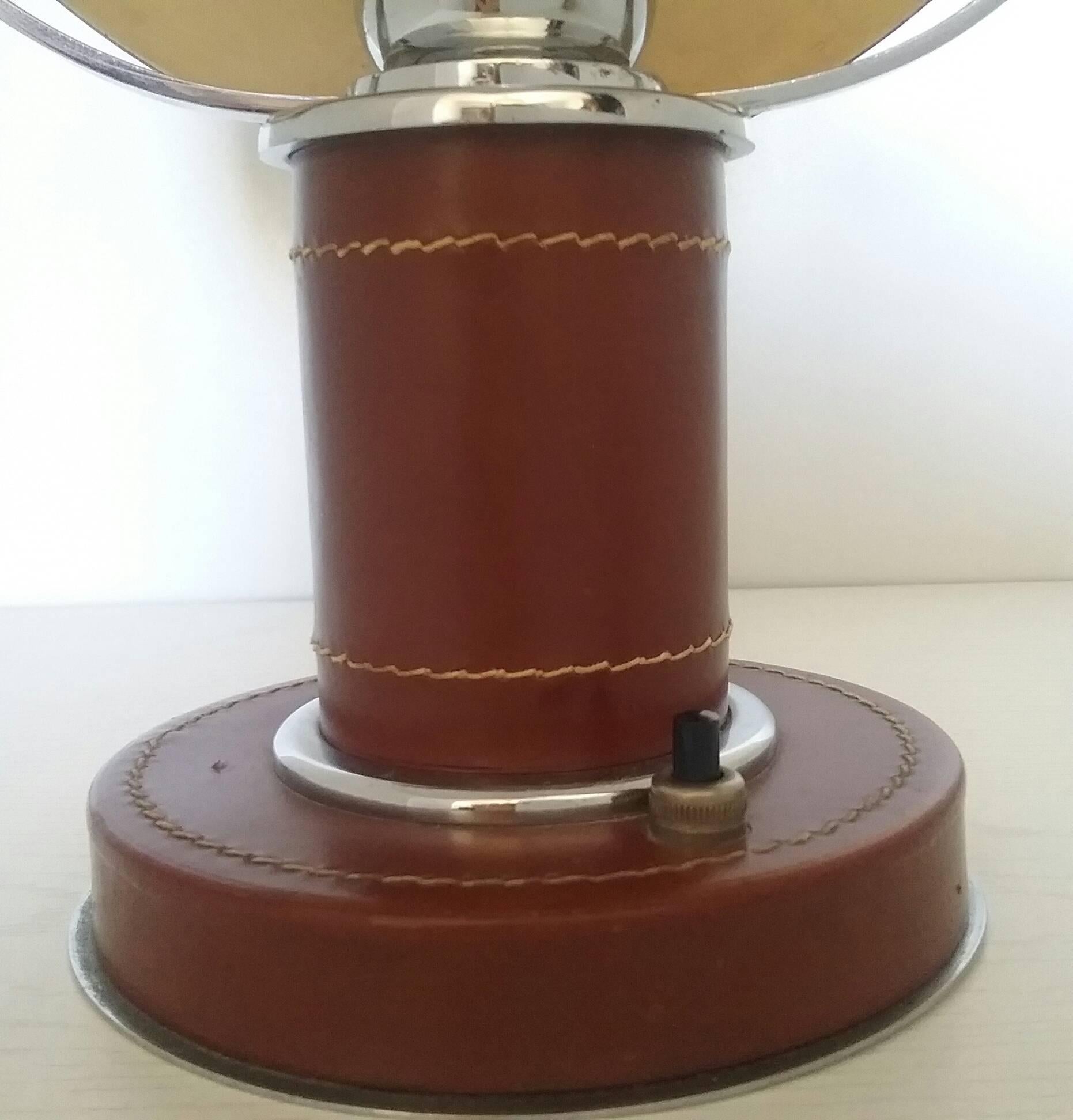 1930s Leather and Chrome Table Lamp in the Style of Paul Dupré-Lafon 1