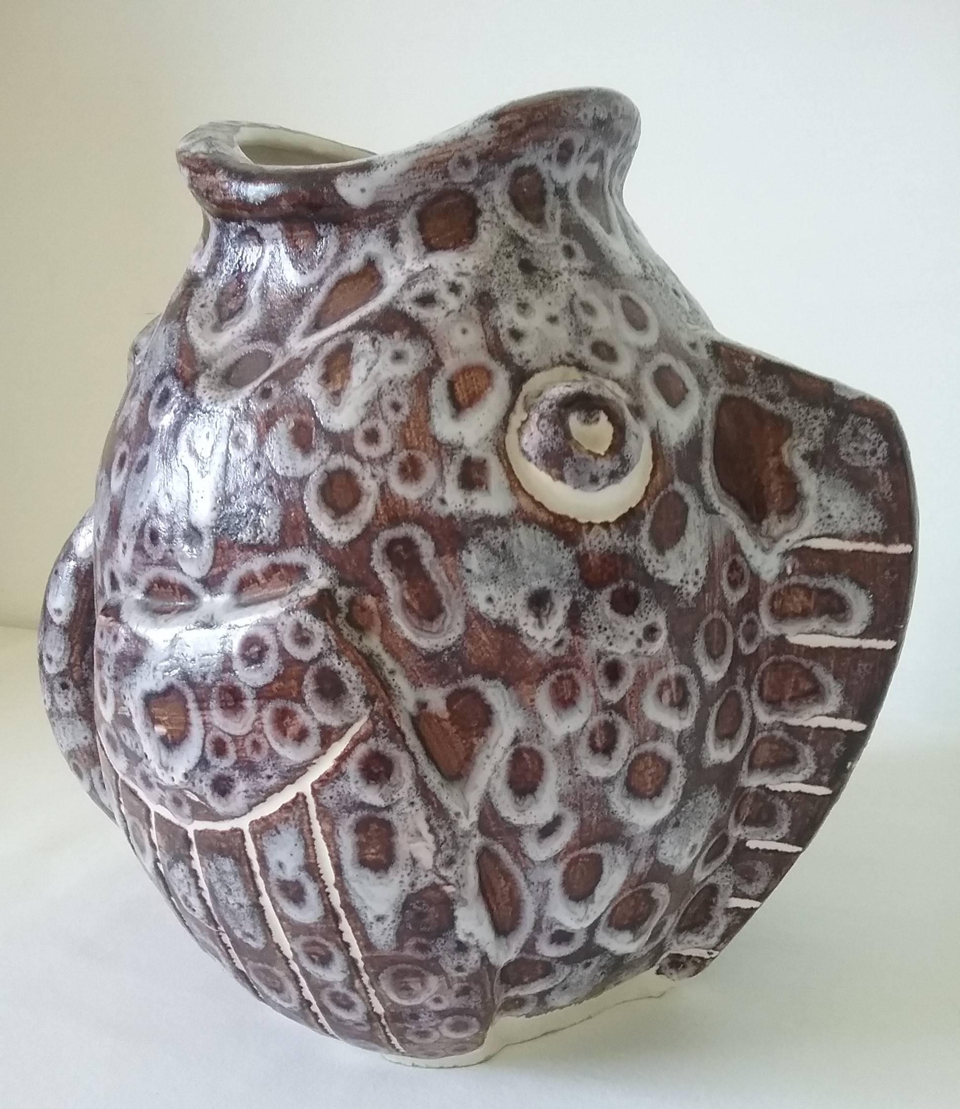 Enameled Large Fish Ceramic Vase Signed Zais Vallauris, France, 1960s