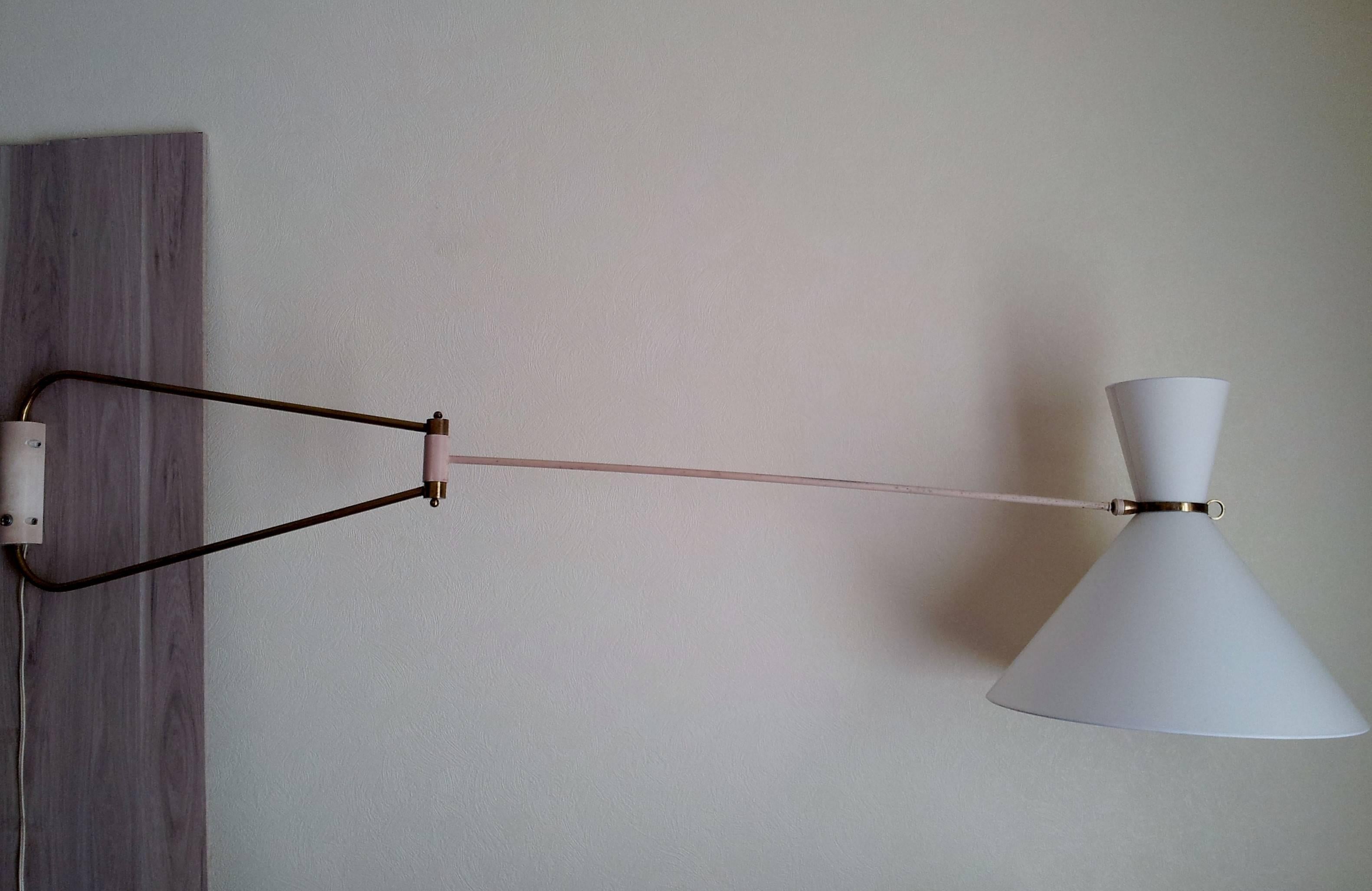 Mid-Century Modern Robert Mathieu, 1950s Large White Lacquered Metal and Brass Adjustable Wall Lamp