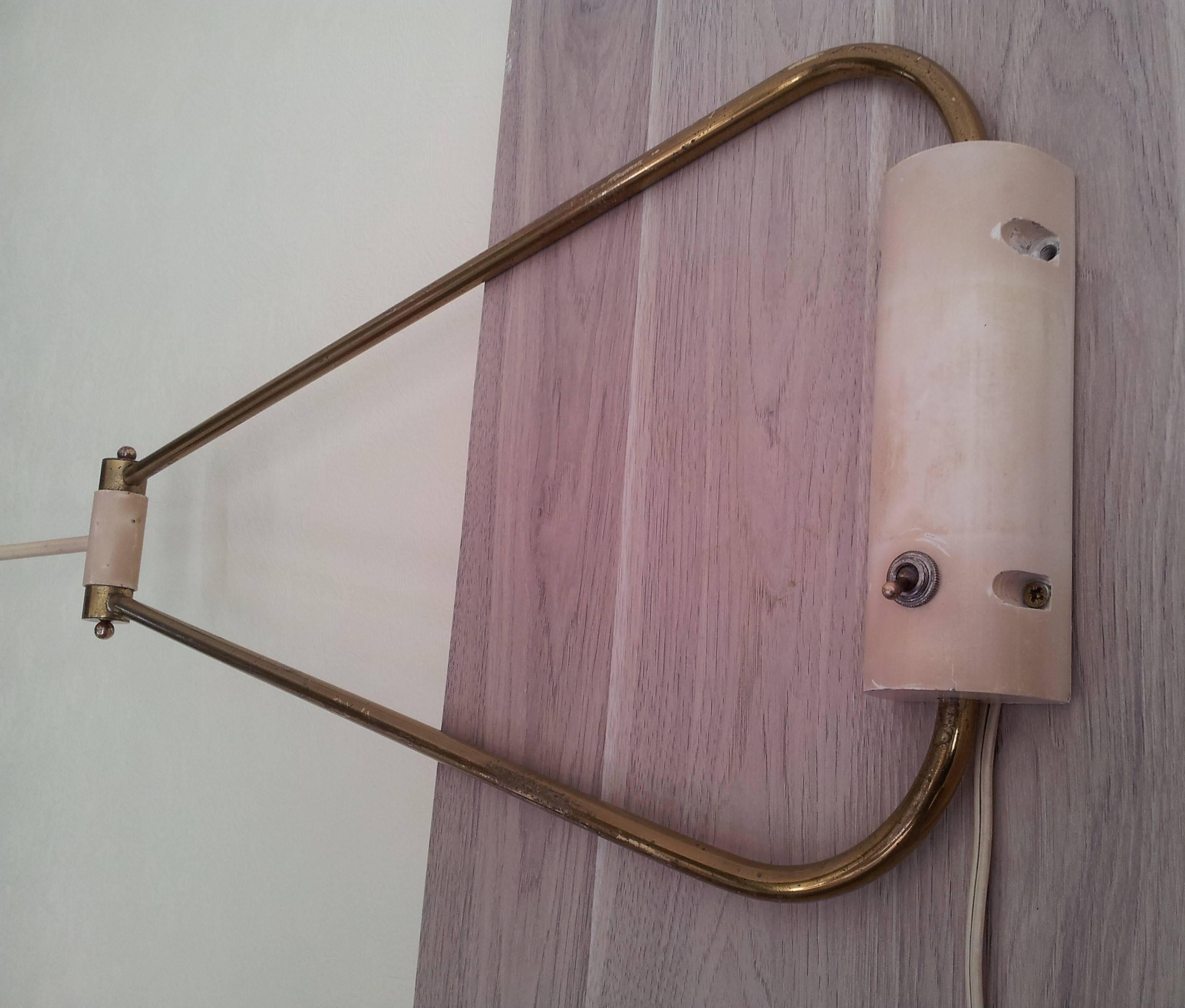 Robert Mathieu, 1950s Large White Lacquered Metal and Brass Adjustable Wall Lamp 1