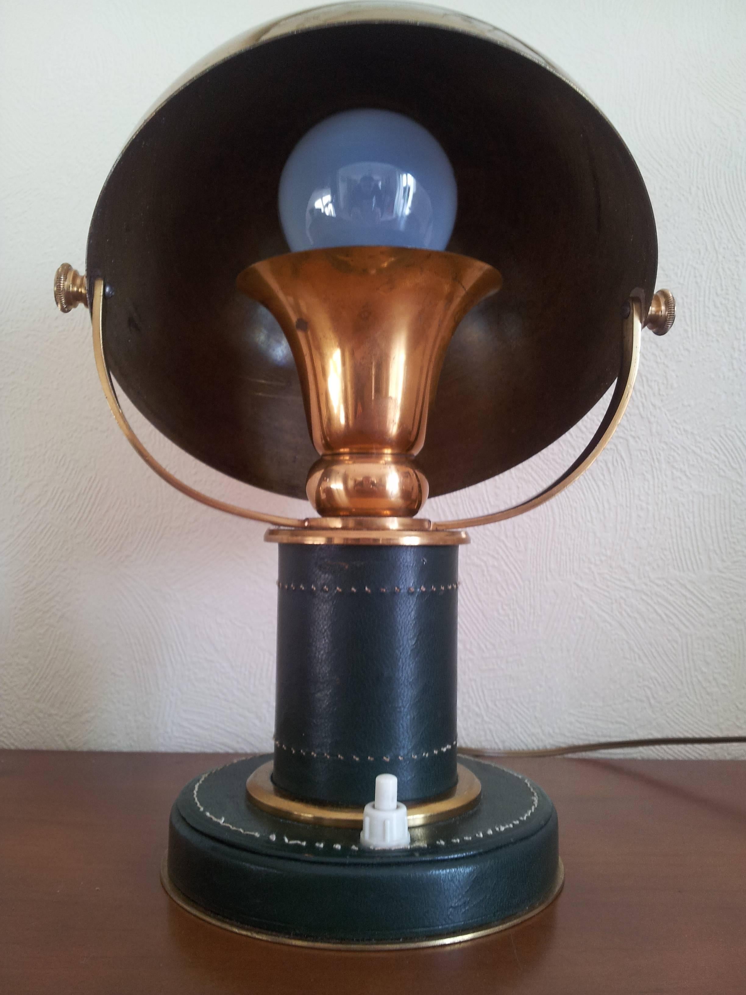 Art Deco 1930s Leather and Brass Table Lamp Attributed to Paul Dupré-Lafon, Hermes
