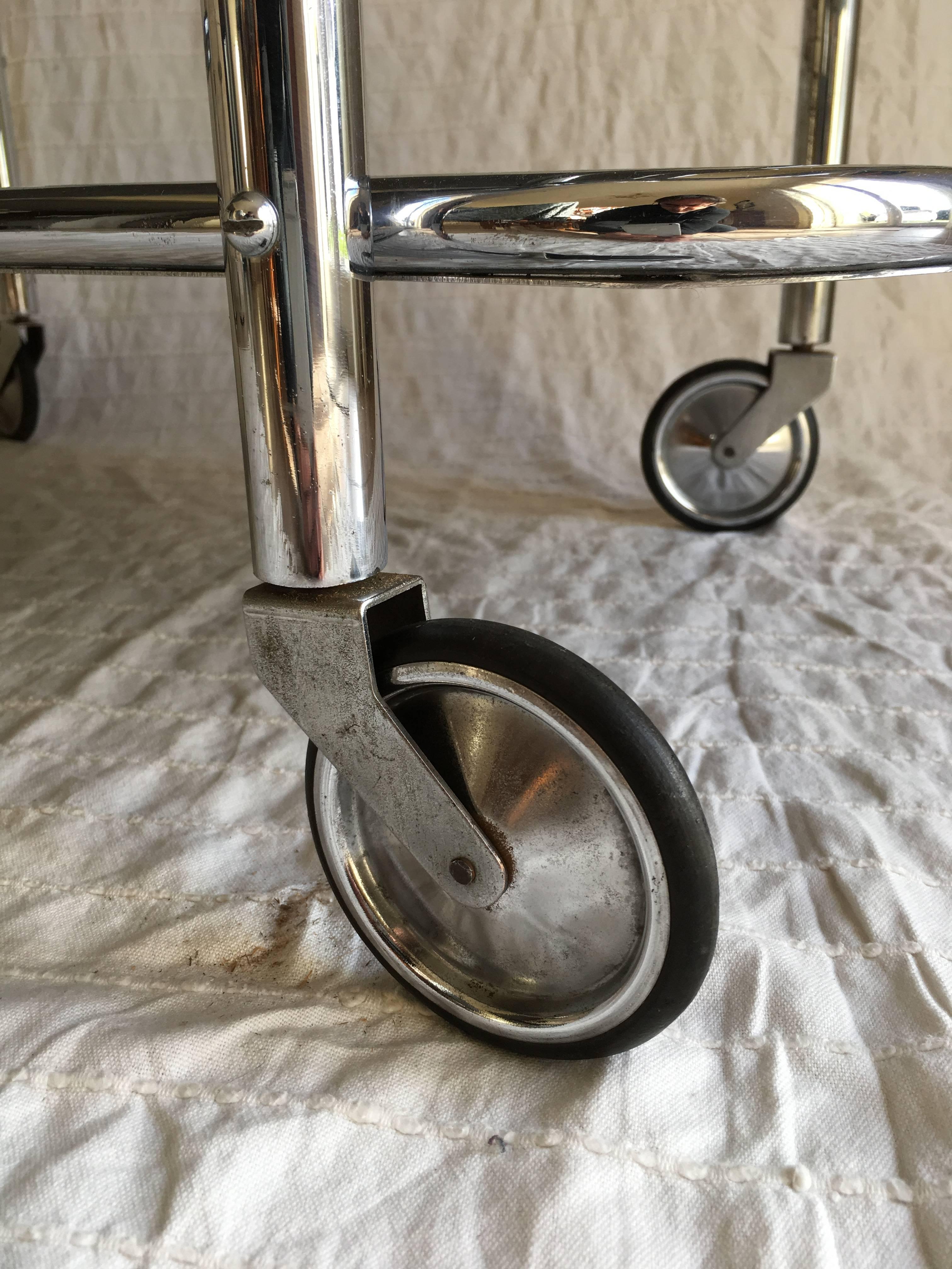 Art Deco Chrome Plated Tubular Steel Bar Cart with a Removable Tray, Marked For Sale 3