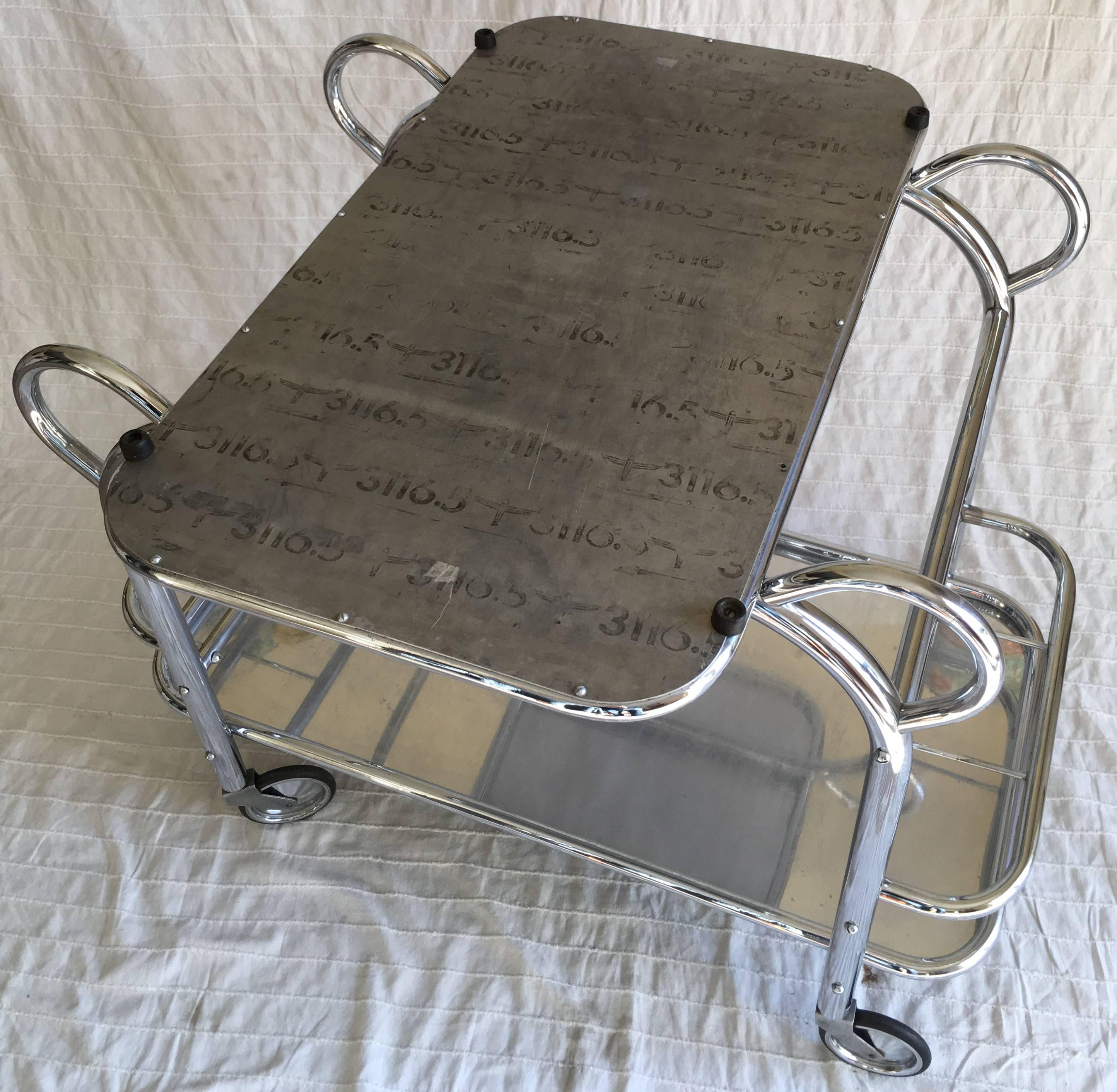Art Deco Chrome Plated Tubular Steel Bar Cart with a Removable Tray, Marked For Sale 1