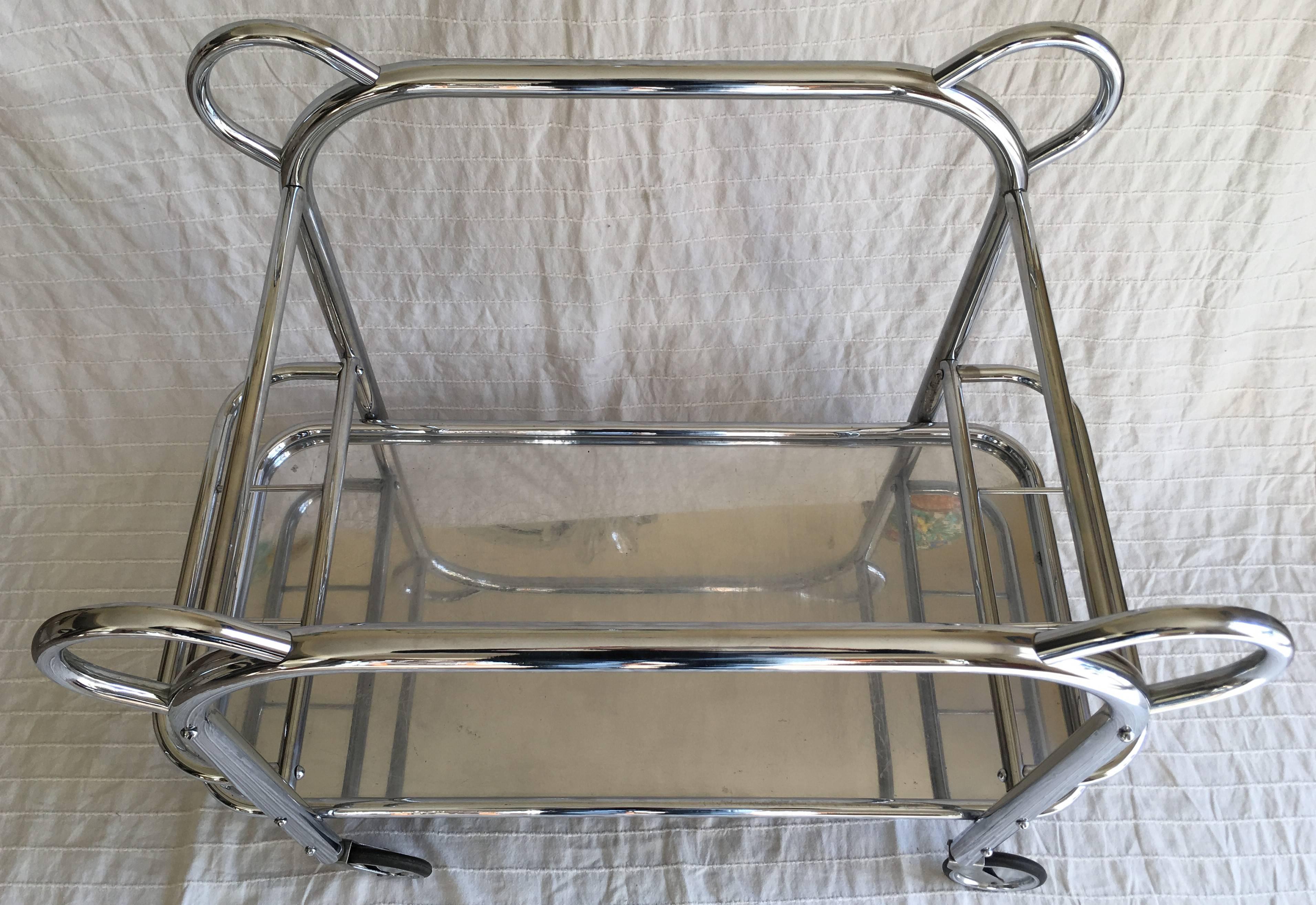 Aluminum Art Deco Chrome Plated Tubular Steel Bar Cart with a Removable Tray, Marked For Sale