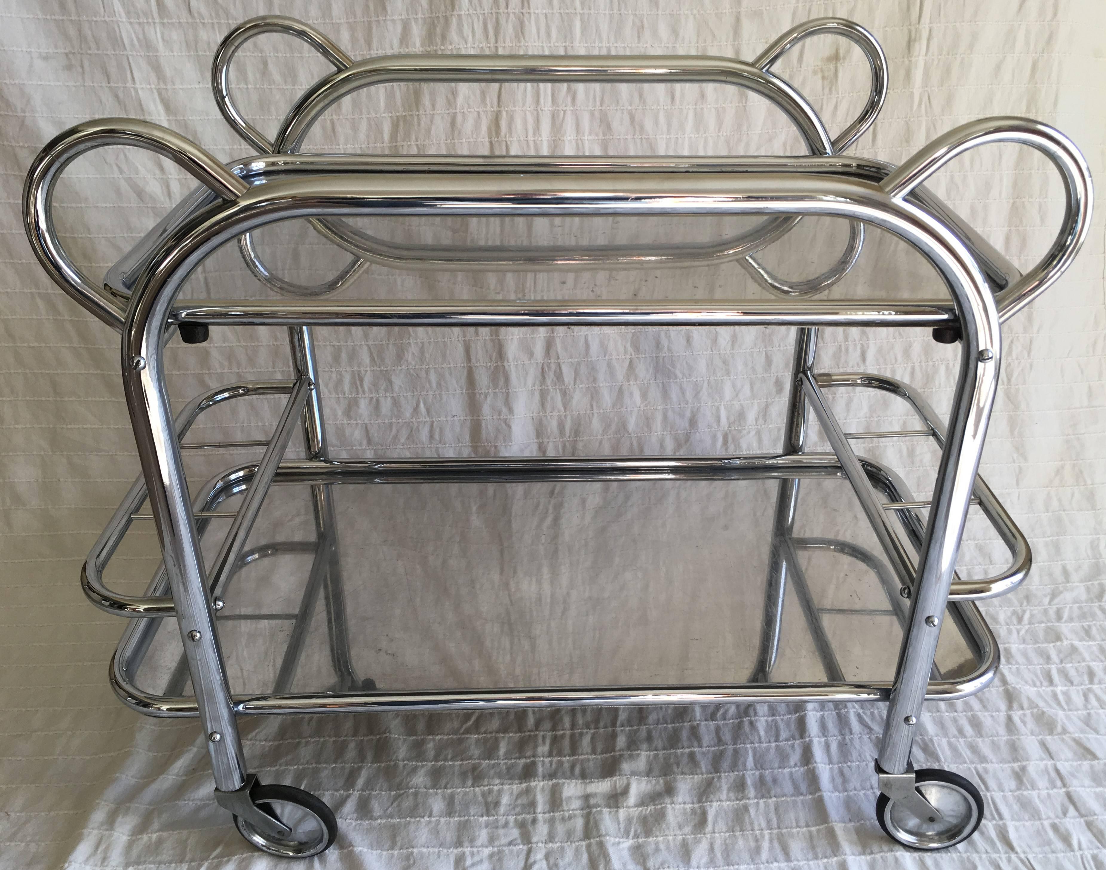 French Art Deco Chrome Plated Tubular Steel Bar Cart with a Removable Tray, Marked For Sale