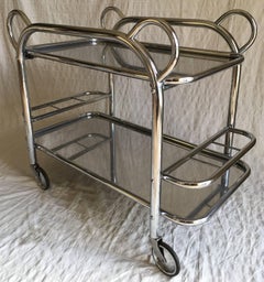 Art Deco Chrome Plated Tubular Steel Bar Cart with a Removable Tray, Marked