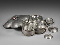 Rare 19th Century Chinese Pewter and Hardstones Fondue Set