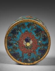 15th Century Ming Dynasty Small Chinese Gilt Bronze and Cloisonné Round Box