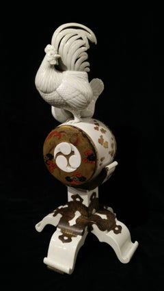 19th Century Japanese Hirado Porcelain Rooster and Hen on a War Drum Figure
