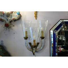 Magnificent Murano Glass and Brass Signed F.Lli Toso Art Decò Pair of Appliques