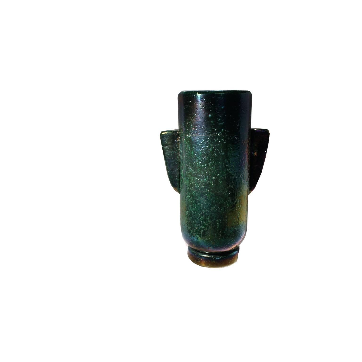 TOTEM vase by Carlo Scarpa. 
Deep green Pulegoso iiridized glass.
Original design of 1936.Produced in Murano until the 1955.
Venini 1940 scratched stamp on the base.