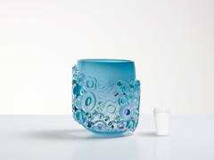 Blown Glass Vase in Aqua with Glass Ornaments by Sabine Lintzen