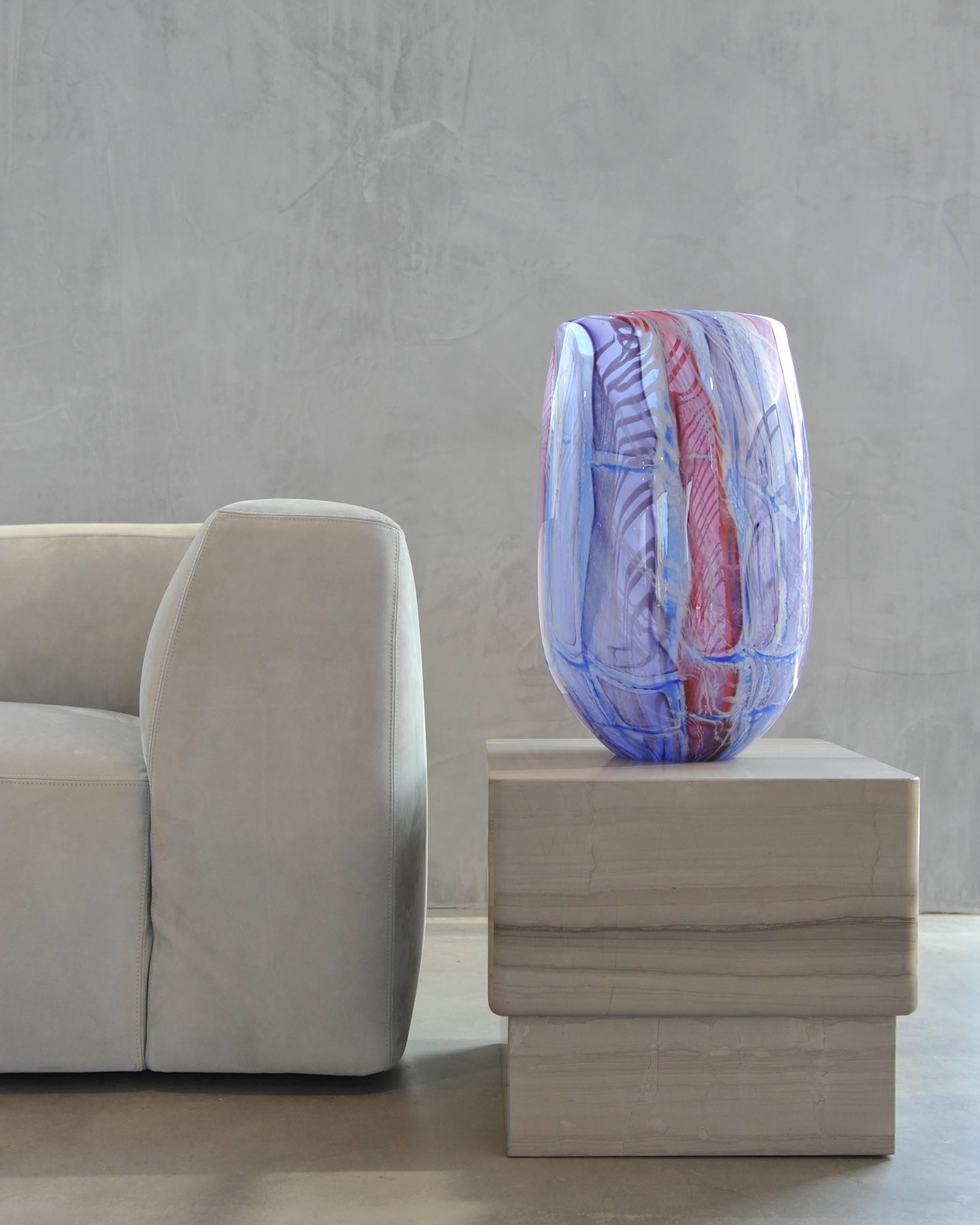 Hand-Crafted Large Blown Glass Design Vase in Blue and Red. Colorful Murano Style Glass For Sale