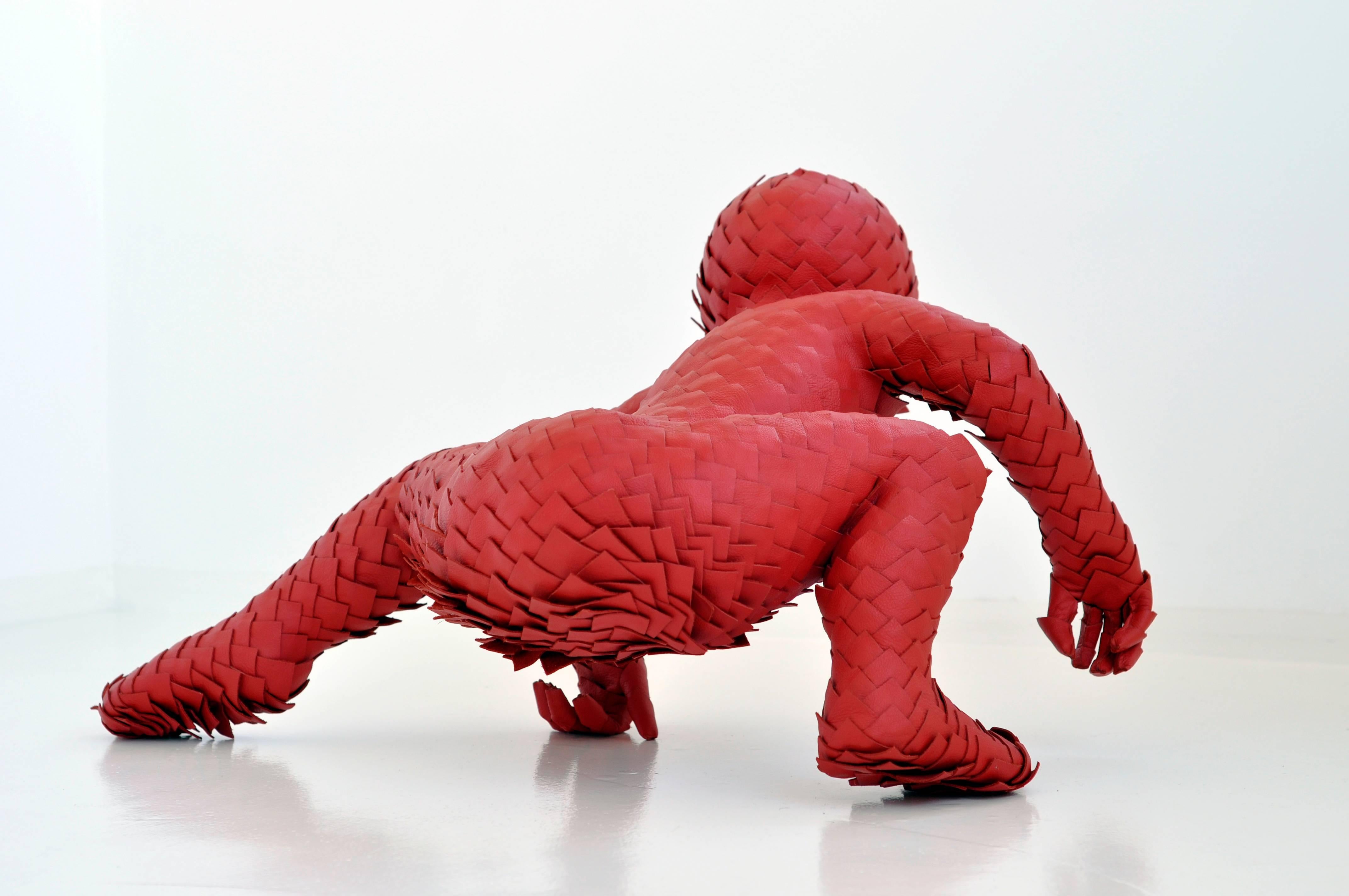 This unique red leather sculpture is entirely handcrafted. The sculptures of Sabi van Hemert are intriguing and funny and a real eye-catchers in any interior. Her sculptures usually refer to people or animals. They trigger almost immediately a
