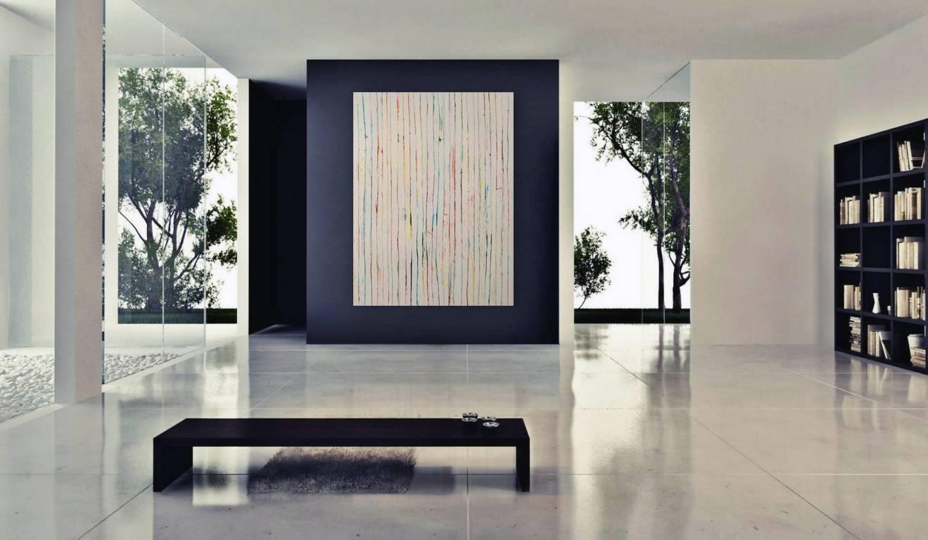 Colorful abstract painting. Loose strips of canvas are painted in rich colors, than cut in parts, carefully mixed, stitched together again and glued to a large canvas. Painting with fresh colors like red, blue, orange, pink, turquoise, green,