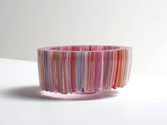 Red Blown Glass Bowl with Colorful Glass Threads on the Outside, Sabine Lintzen