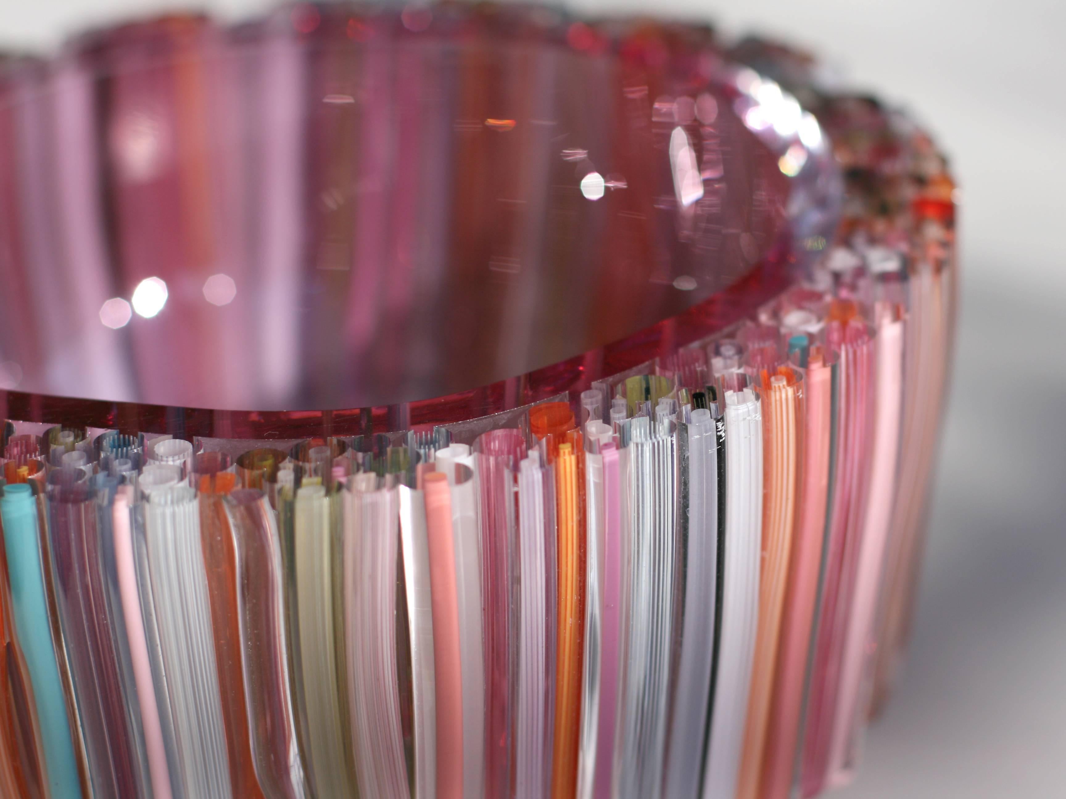 Modern Red Blown Glass Bowl with Colorful Glass Threads on the Outside, Sabine Lintzen For Sale