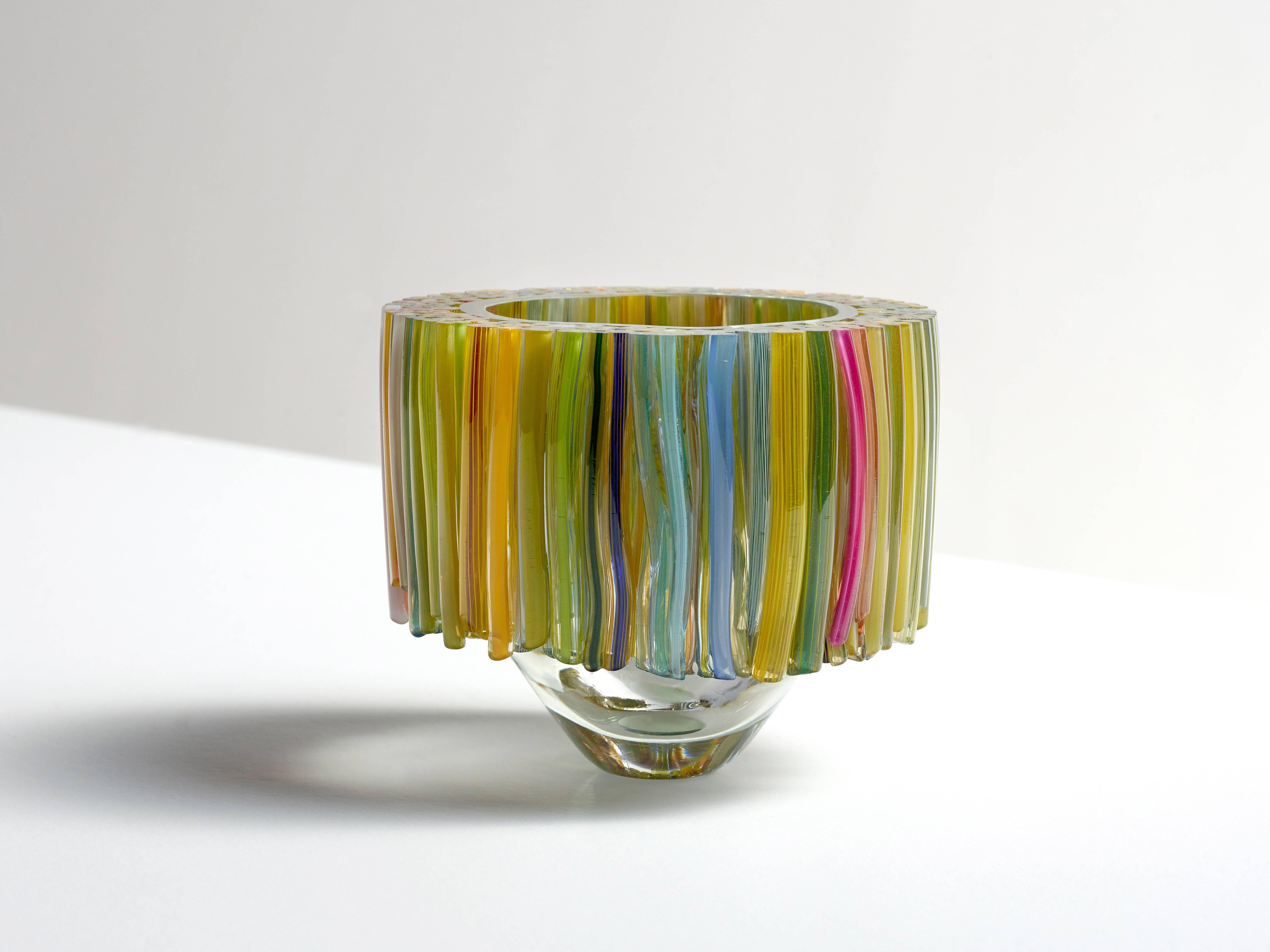 Modern Clear Blown Glass Bowl with Green and Yellow Glass Threads by Sabine Lintzen For Sale