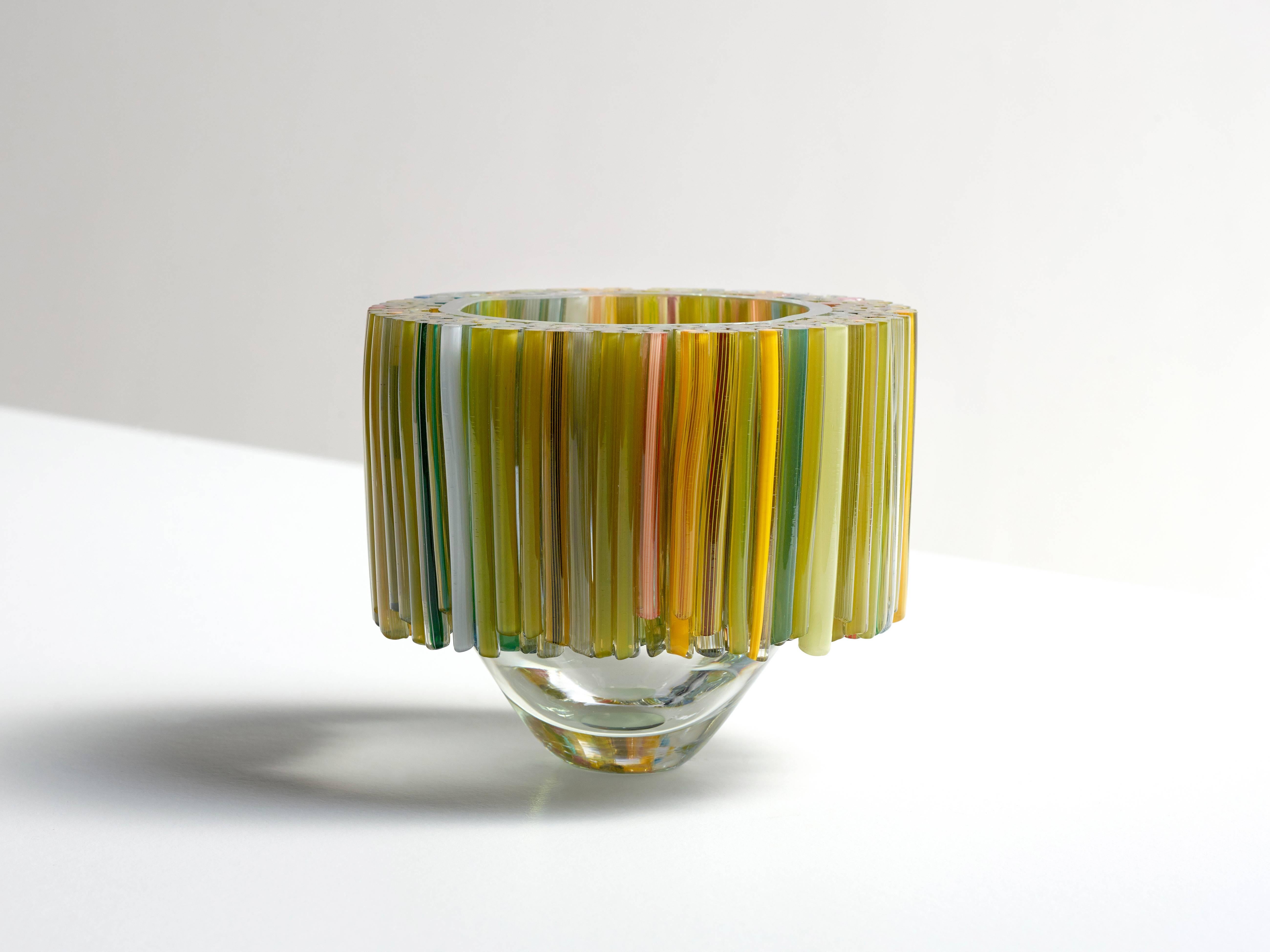 Dutch Clear Blown Glass Bowl with Green and Yellow Glass Threads by Sabine Lintzen For Sale