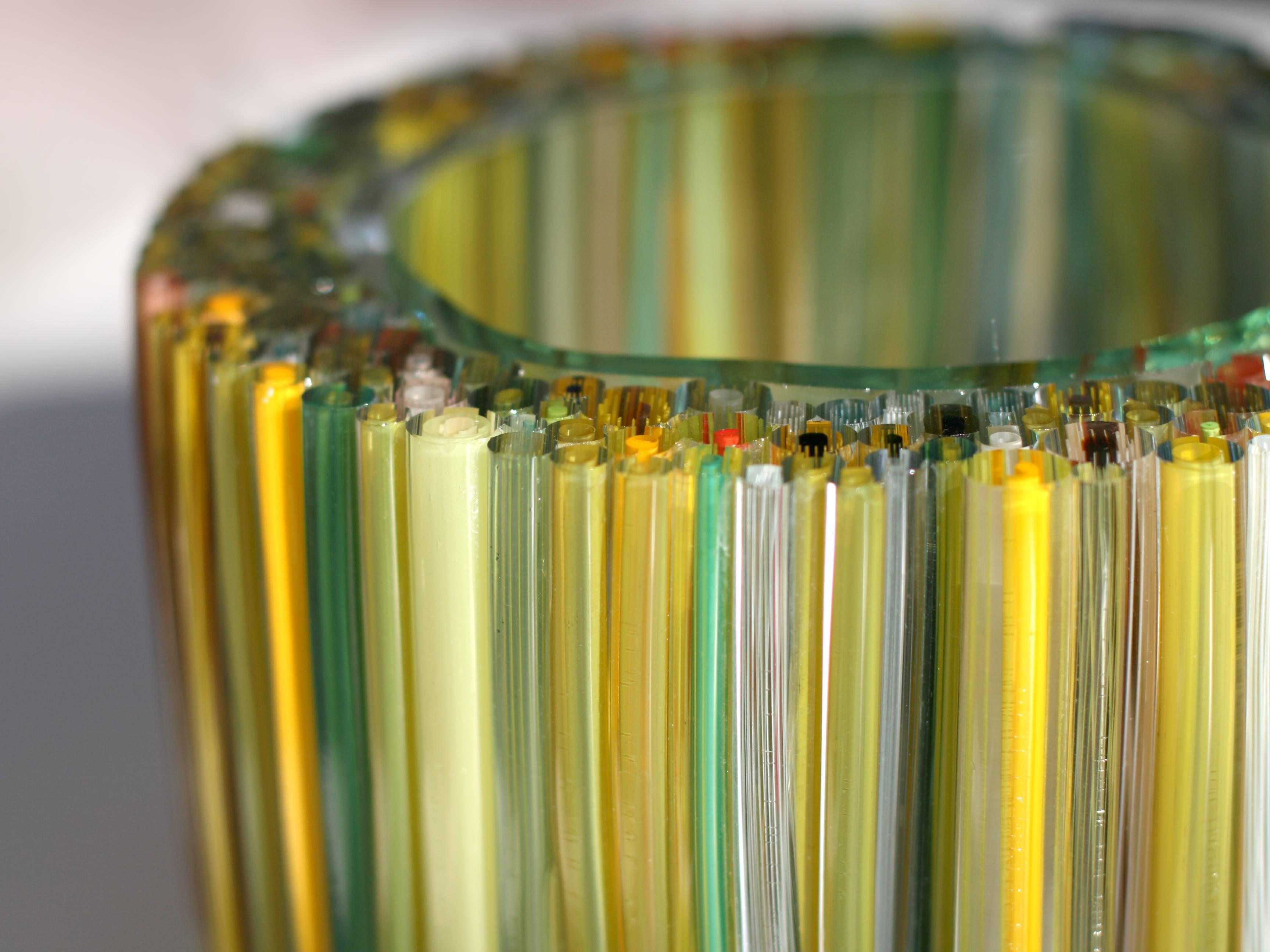 Hand-Crafted Clear Blown Glass Bowl with Green and Yellow Glass Threads by Sabine Lintzen For Sale