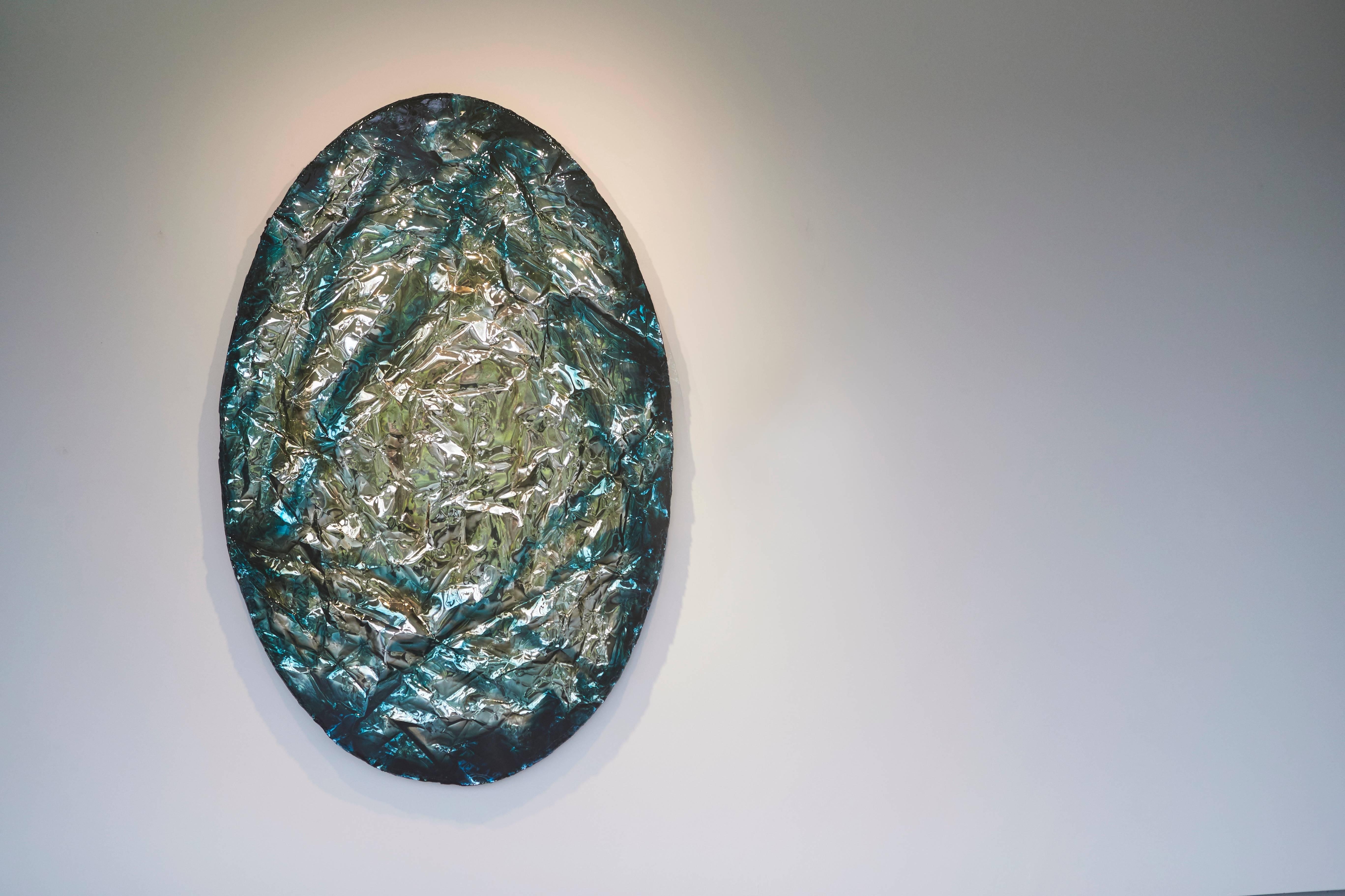 Hand-Crafted Wall Art in Ocean Green and Gold, 'Limber Gem' by Pleunie Buyink For Sale
