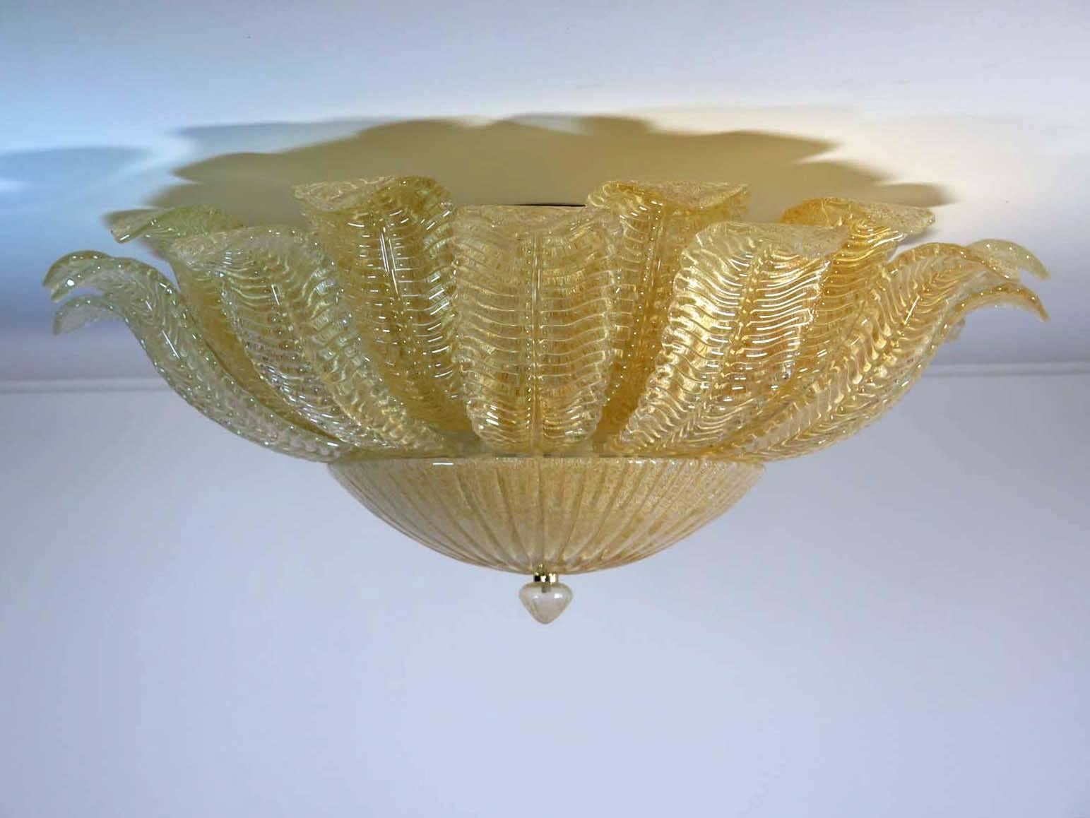 Late 20th Century Rare Barovier Flower Ceiling Lamp, Murano Art Glass, Golden Powder