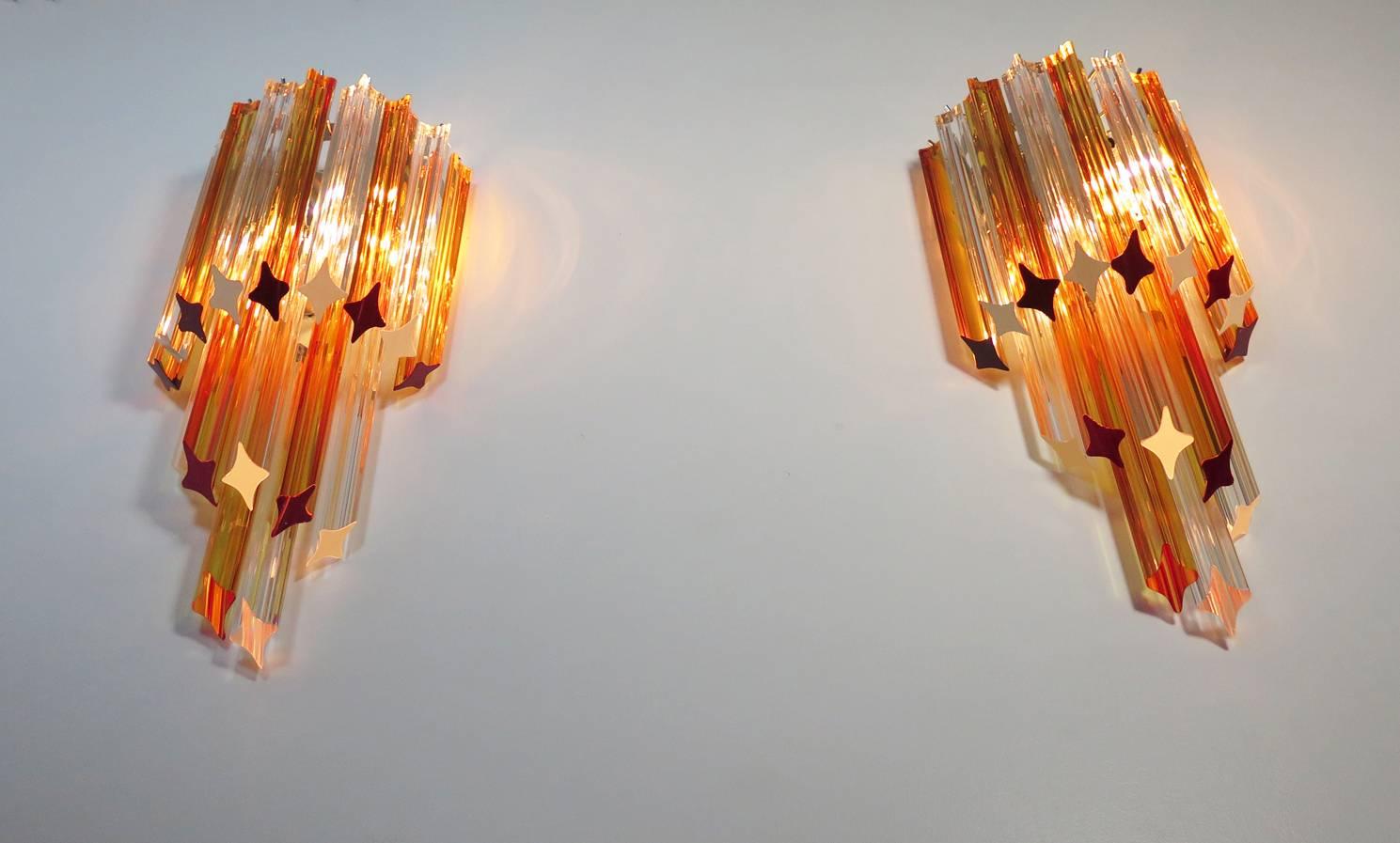 Late 20th Century Pair of Vintage Murano Wall Sconce, 32 Quadriedri Amber and Transparent Prism
