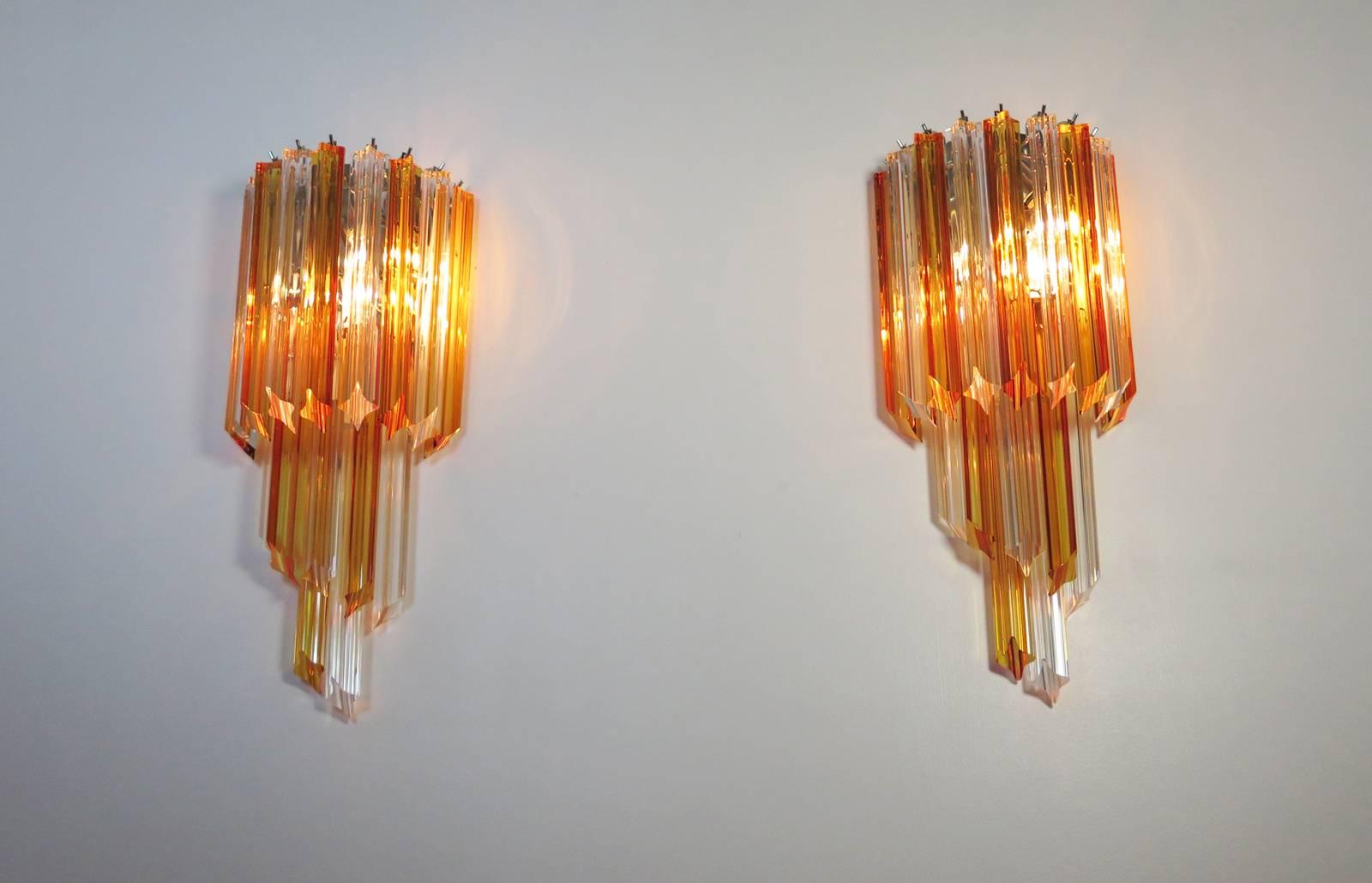 Glass Pair of Vintage Murano Wall Sconce, 32 Quadriedri Amber and Transparent Prism