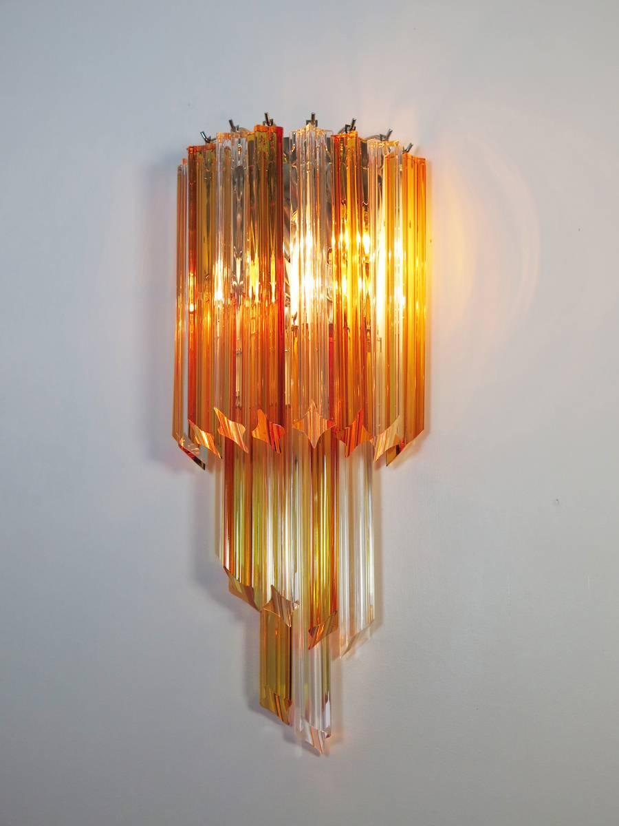 Pair of Vintage Murano Wall Sconce, 32 Quadriedri Amber and Transparent Prism 1