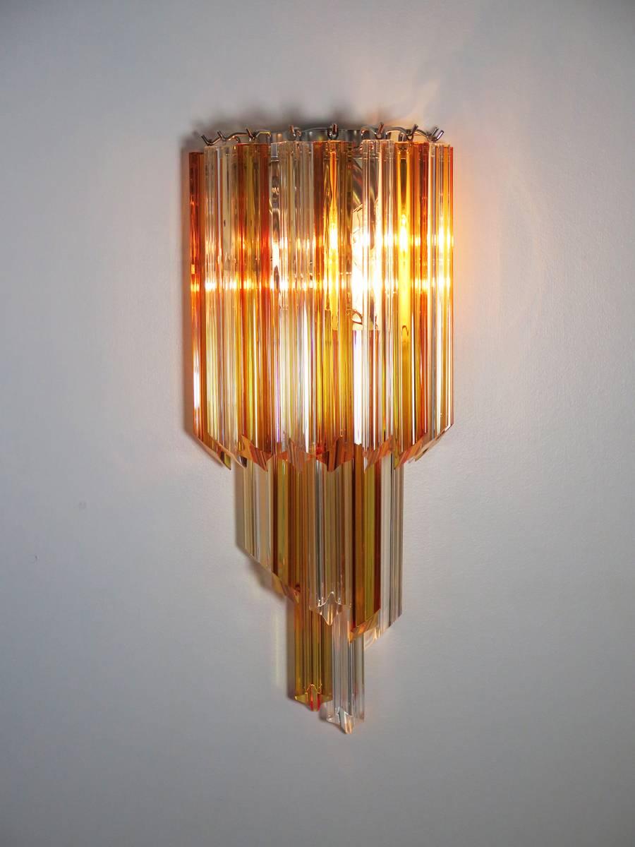 Pair of Vintage Murano Wall Sconce, 32 Quadriedri Amber and Transparent Prism 3