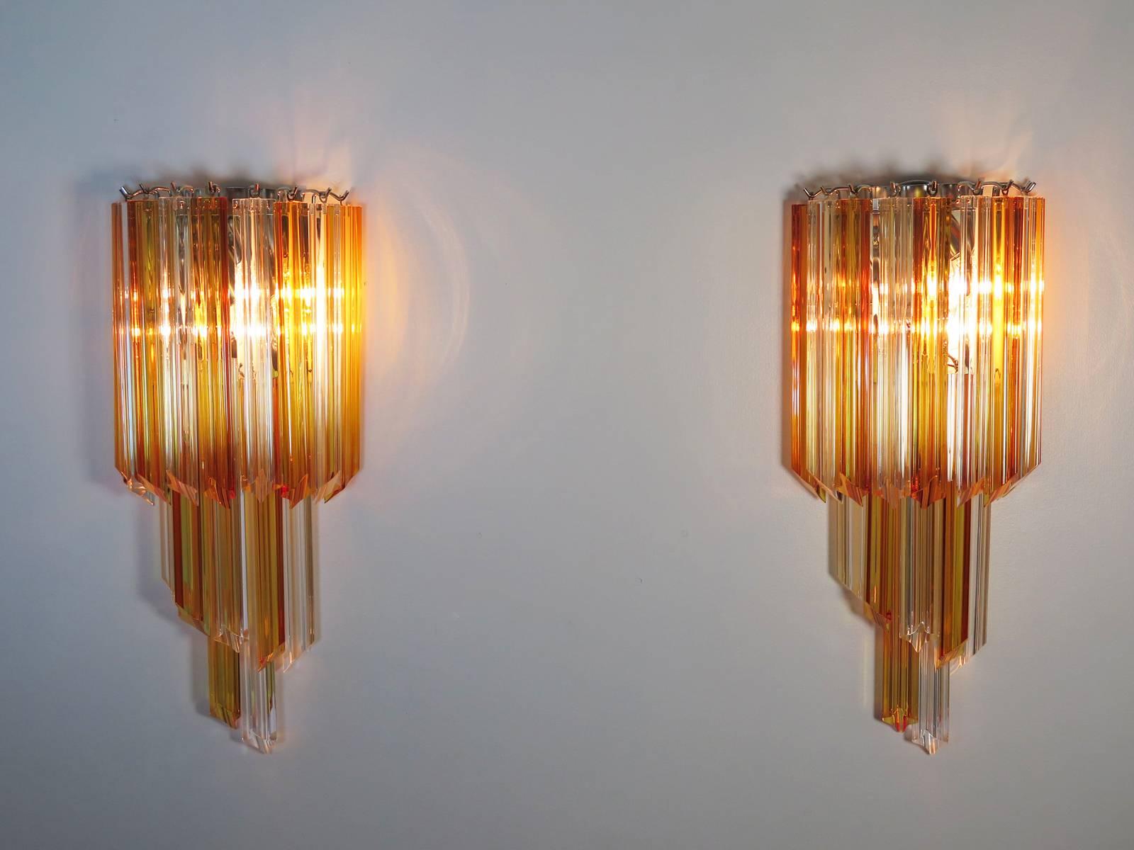 Pair of Vintage Murano Wall Sconce, 32 Quadriedri Amber and Transparent Prism 4