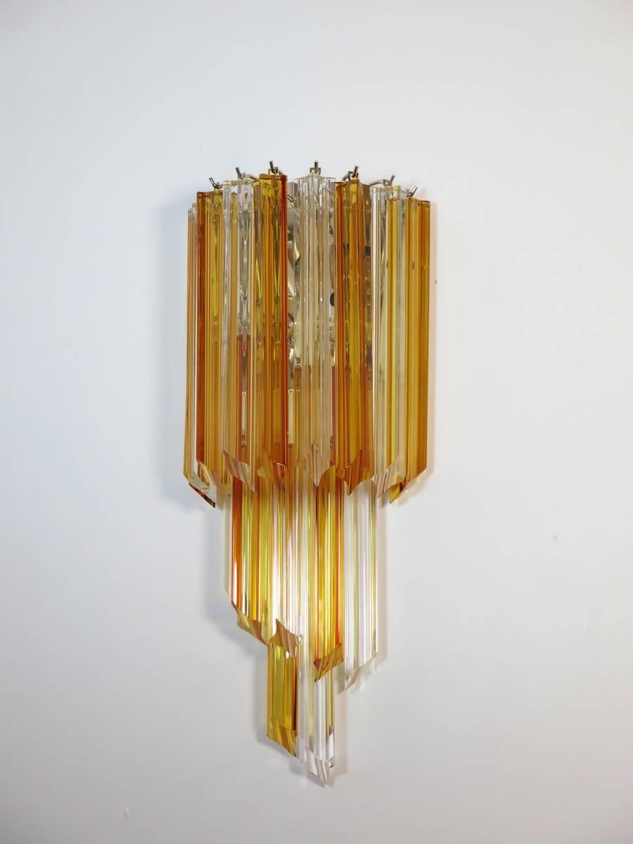 Pair of Vintage Murano Wall Sconce, 32 Quadriedri Amber and Transparent Prism 6