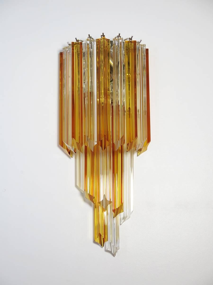 Pair of Vintage Murano Wall Sconce, 32 Quadriedri Amber and Transparent Prism 7