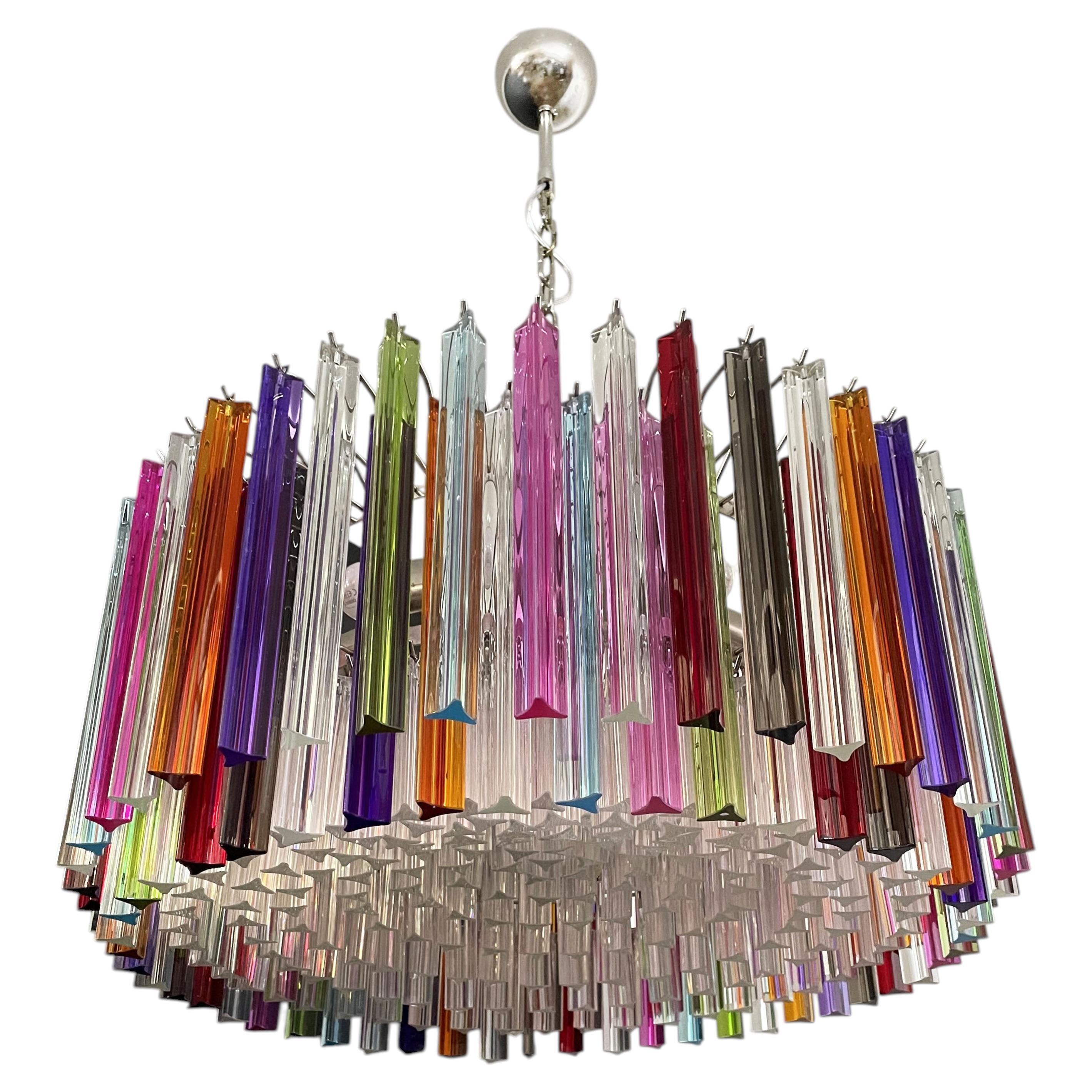Large Triedri Murano glass Chandelier - 265 multicolored and clear prism For Sale
