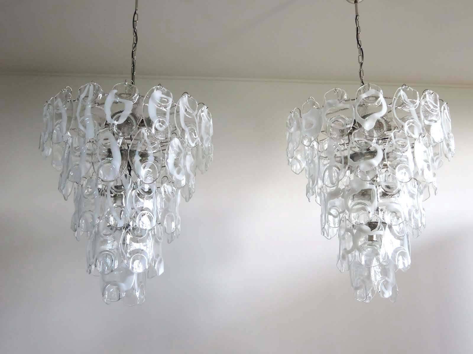 Pair of huge vintage Italian Murano chandelier in Vistosi style. 50 fantastic Murano white and transparent glasses (